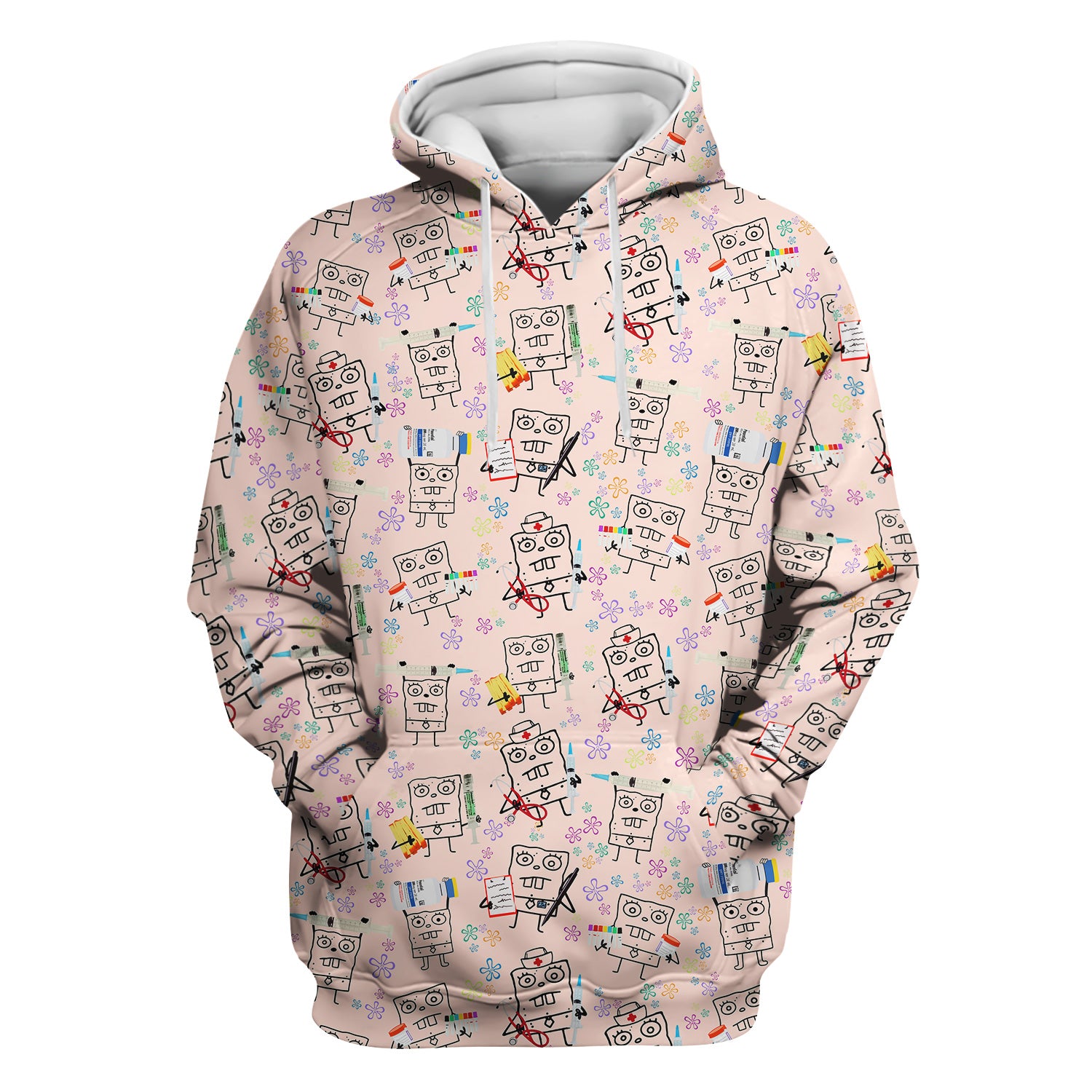 Custom Doodle Bob Energy Drink Nurse Scrub Top - Funny Cartoon Medical Design - Gift for RN MD RT CNA Paramedic Healthcare Staff