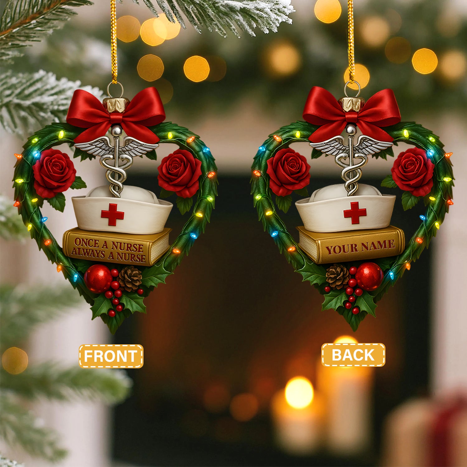 Custom Name Nurse Christmas Ornament with Heart and Roses, Inspirational Holiday Gift for Healthcare Workers