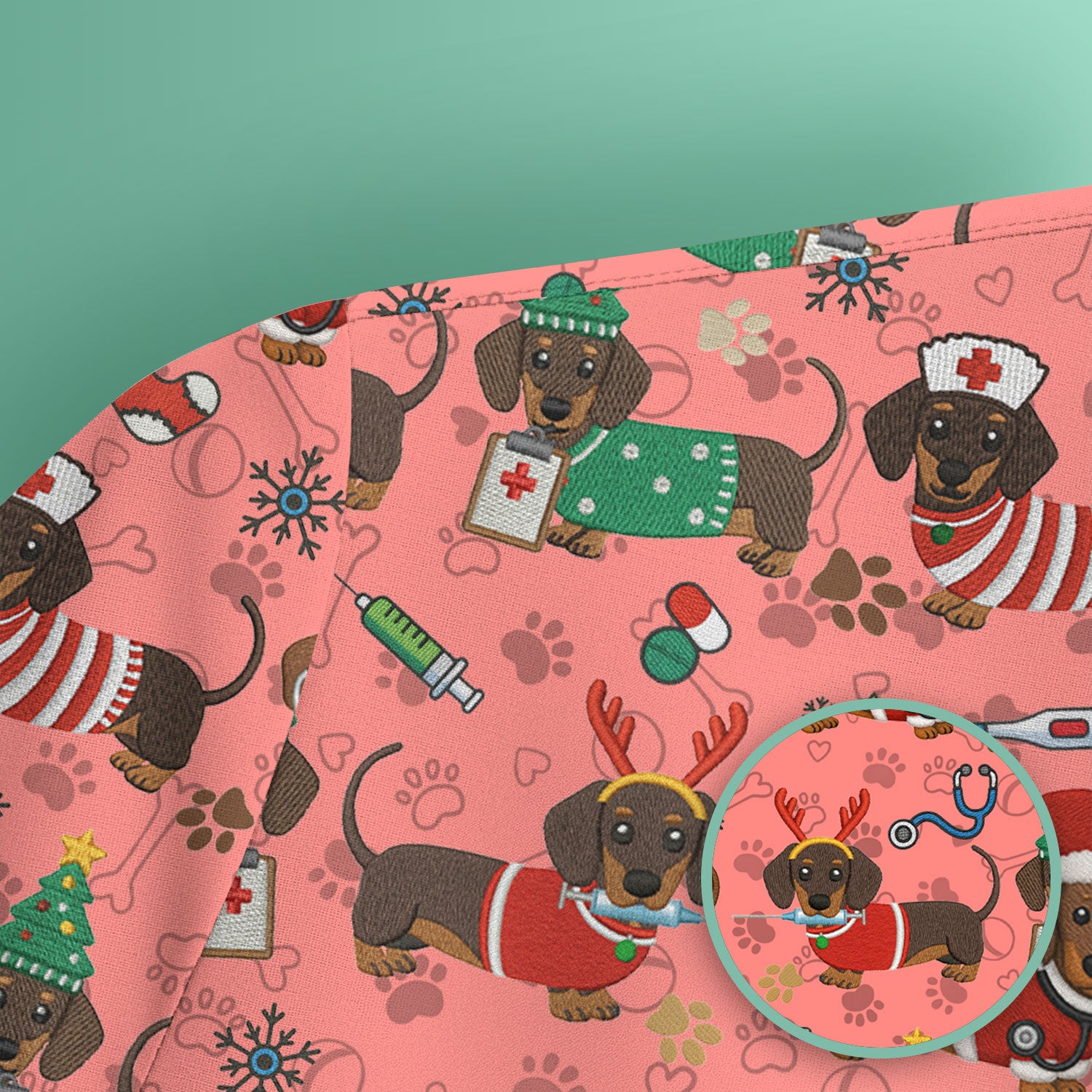 Christmas Wiener Dog Scrub Top for Nurses - Cute Dachshund Medical Shirt - Fun Holiday Scrubs Gift for Women RN CNA LPN