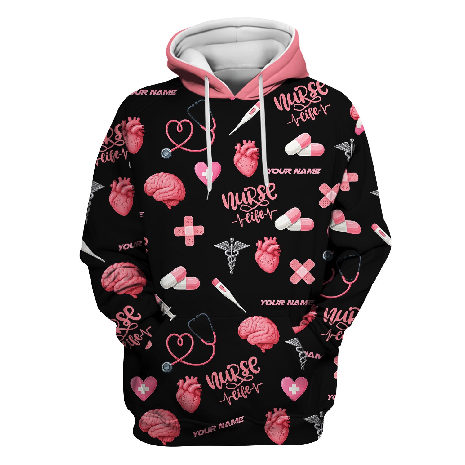 Personalized Nurse Life Shirt - Cute Medical Pattern with Heart Brain Pills Stethoscope - Custom Name Gift for RN CNA LPN Women in Healthcare and Nursing Profession