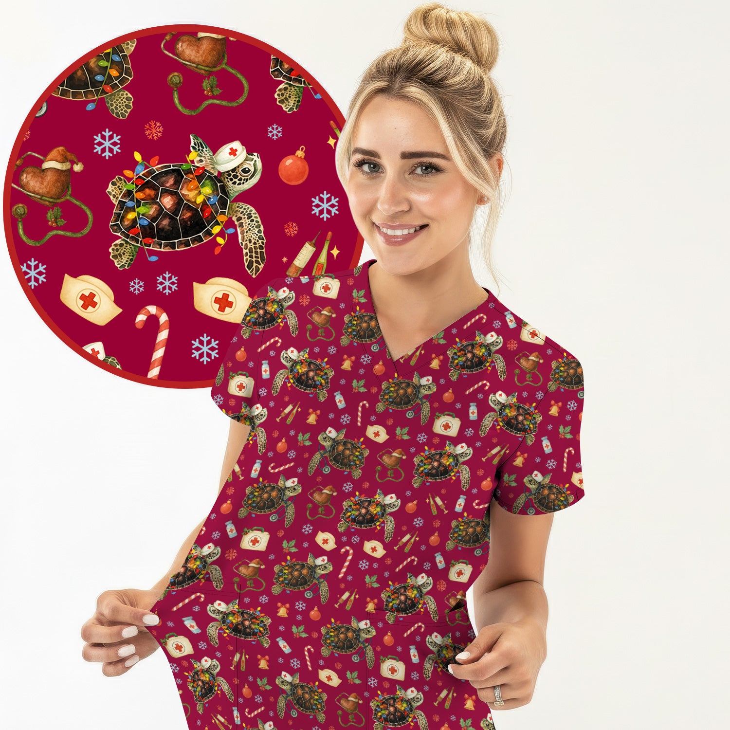 Christmas Turtle Scrub Top for Women - Cute Sea Turtle Nursing Medical Shirt - Festive Holiday Scrubs for CNA LPN RN