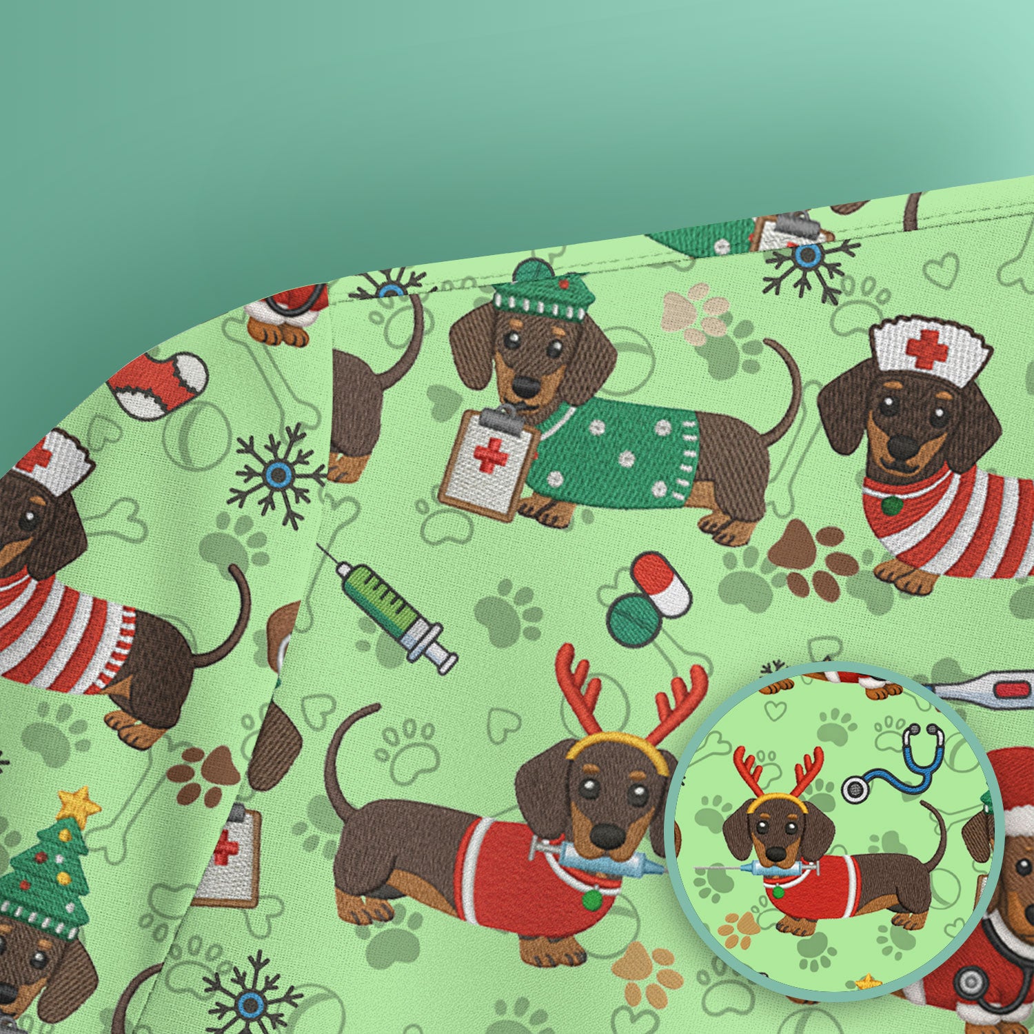 Christmas Wiener Dog Scrub Top for Nurses - Cute Dachshund Medical Shirt - Fun Holiday Scrubs Gift for Women RN CNA LPN