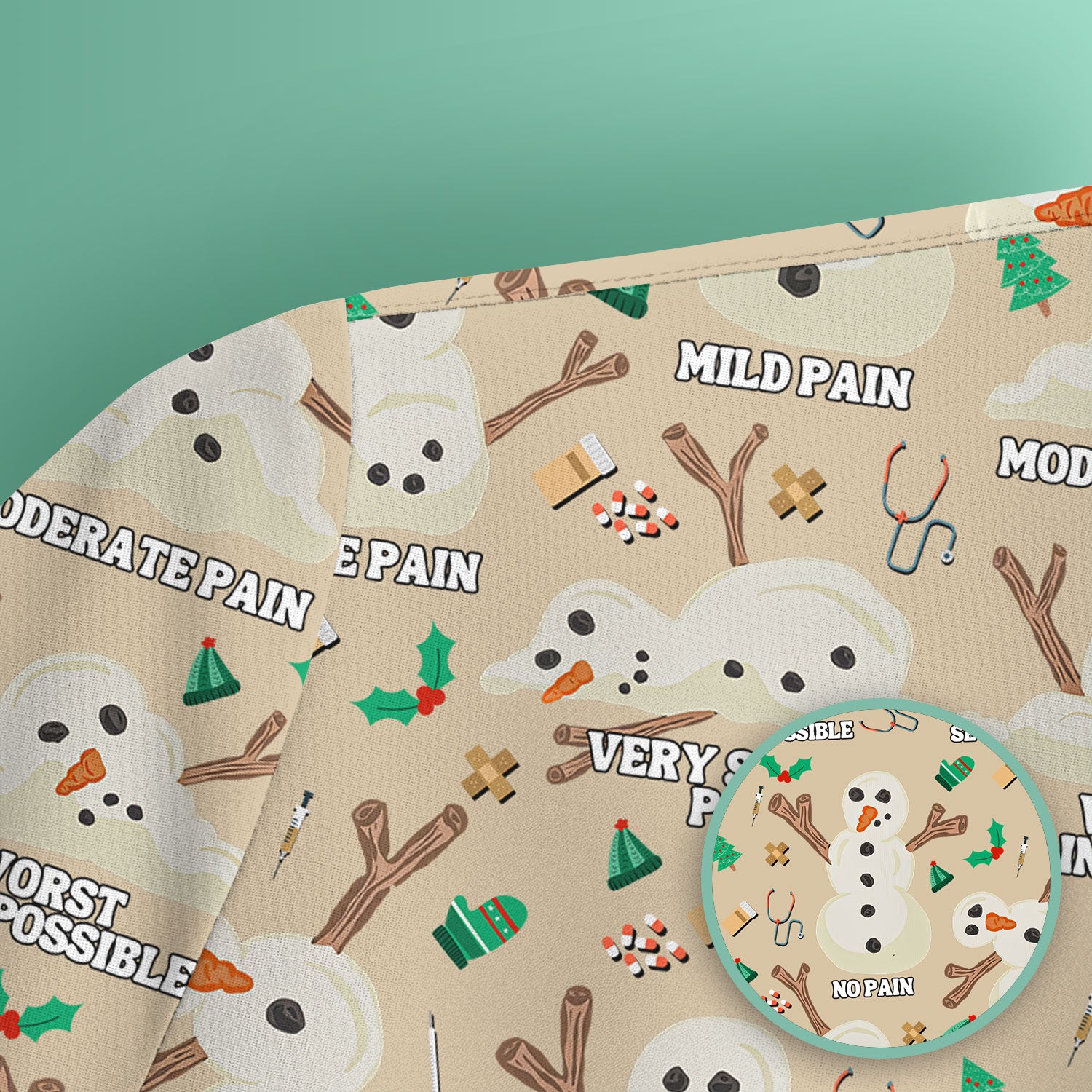 Christmas Snowman Nurse Scrub Top for Women - Funny Pain Scale Medical Shirt - Cute Holiday Nursing Uniform Gift for RN LPN CNA