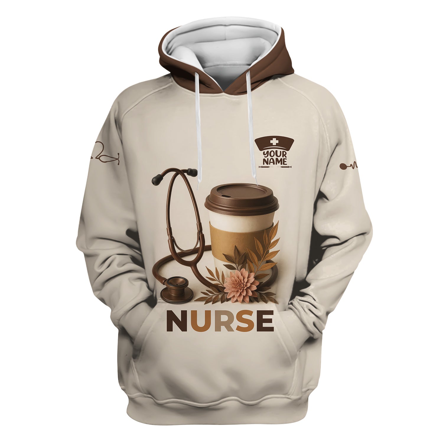 Personalized Coffee Nurse Shirt - Brown Stethoscope Floral Design - Cute Gift for RN LPN CNA Women