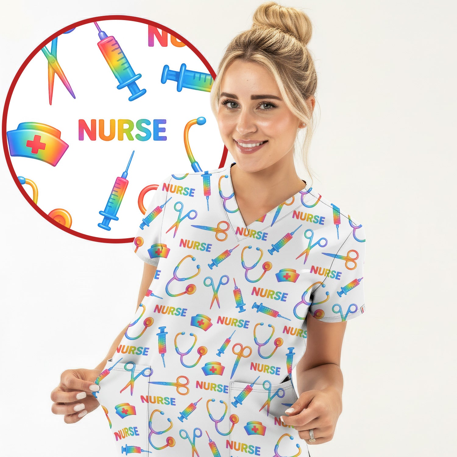 Colorful Nurse Scrub Top for Women - Rainbow Syringe and Scissors Pattern - Fun Medical Scrubs Shirt Gift for RN LPN CNA