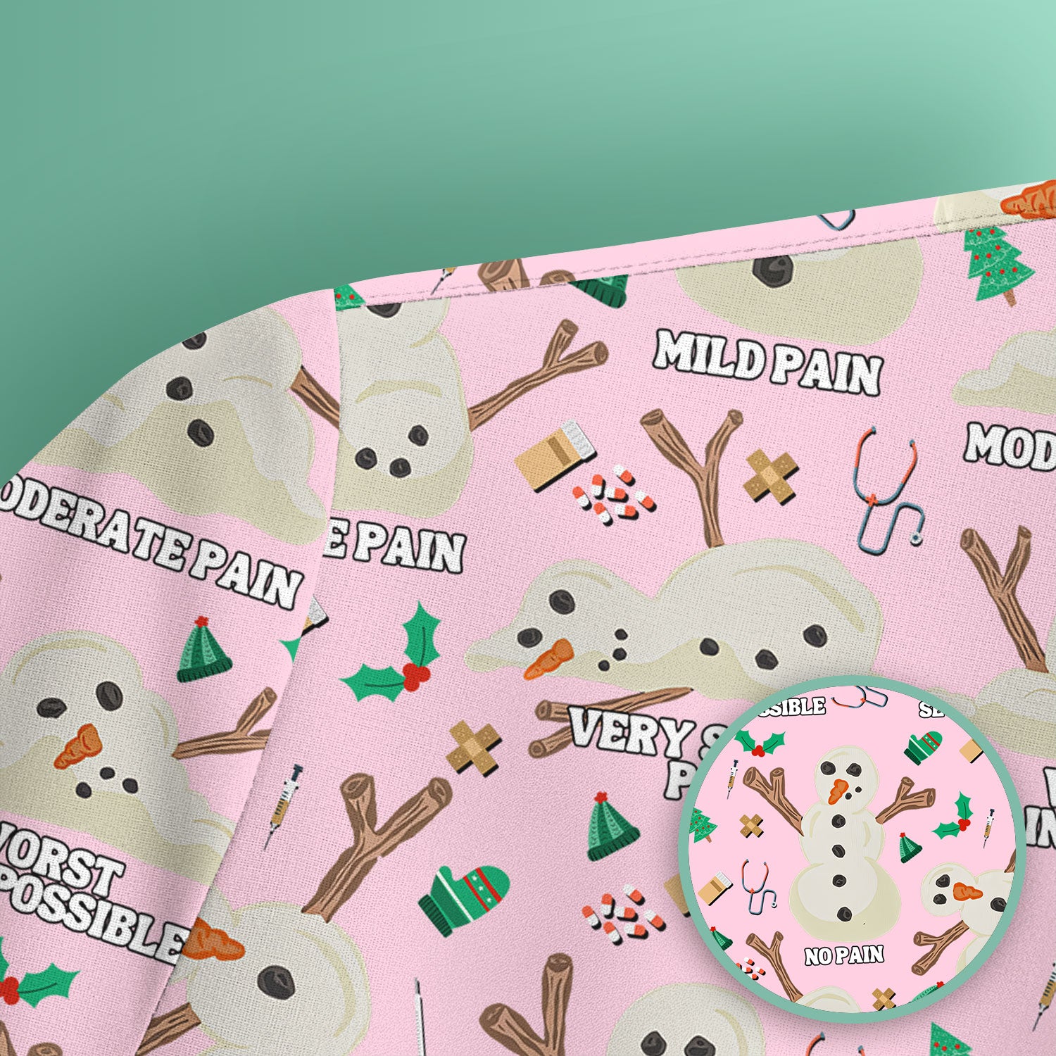 Christmas Snowman Nurse Scrub Top for Women - Funny Pain Scale Medical Shirt - Cute Holiday Nursing Uniform Gift for RN LPN CNA