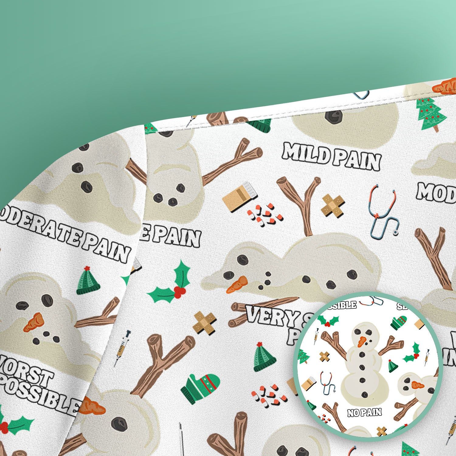 Christmas Snowman Nurse Scrub Top for Women - Funny Pain Scale Medical Shirt - Cute Holiday Nursing Uniform Gift for RN LPN CNA