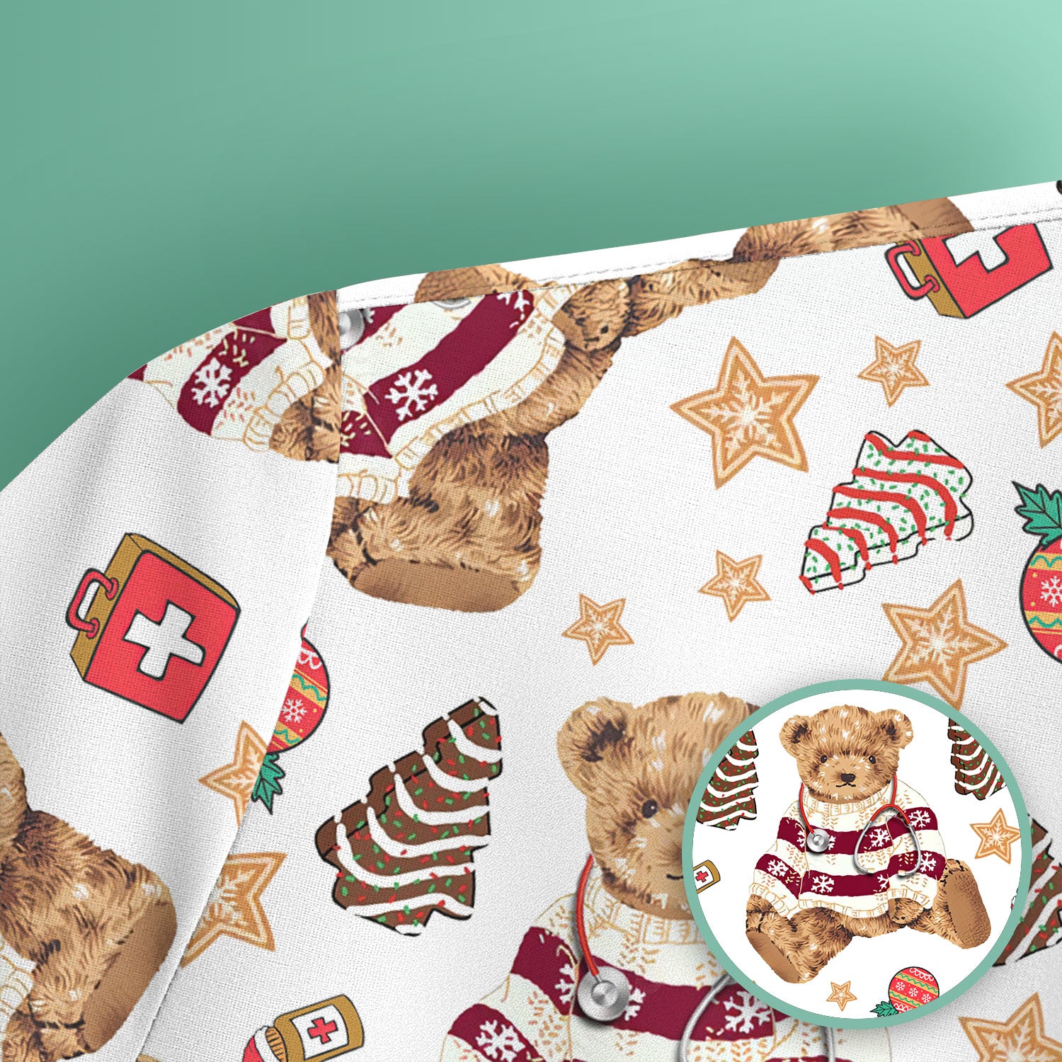 Christmas Teddy Bear Scrub Top for Nurses - Cozy Holiday Pattern with Cute Bear and Medical Icons - Festive Scrubs for Women