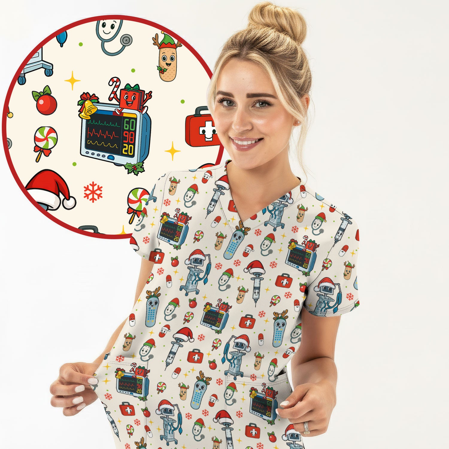 Christmas Scrub Top for Women - Funny Nurse Pattern with Robot & Reindeer - Festive Medical Shirt for Holiday Shifts