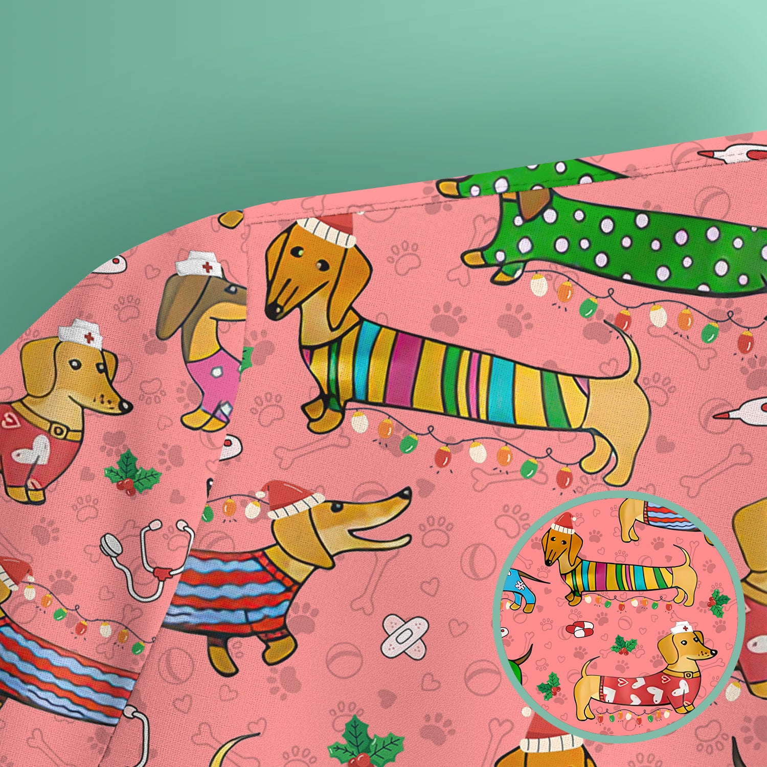 Christmas Scrub Top for Women - Funny Dachshund Nurse Shirt - Cute Holiday Medical Uniform Gift for RN LPN CNA