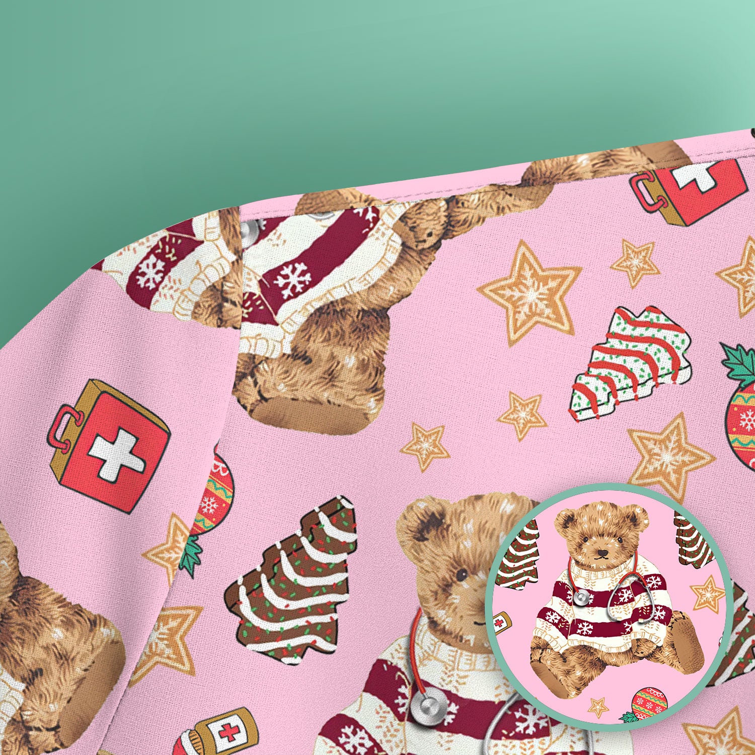 Christmas Teddy Bear Scrub Top for Nurses - Cozy Holiday Pattern with Cute Bear and Medical Icons - Festive Scrubs for Women