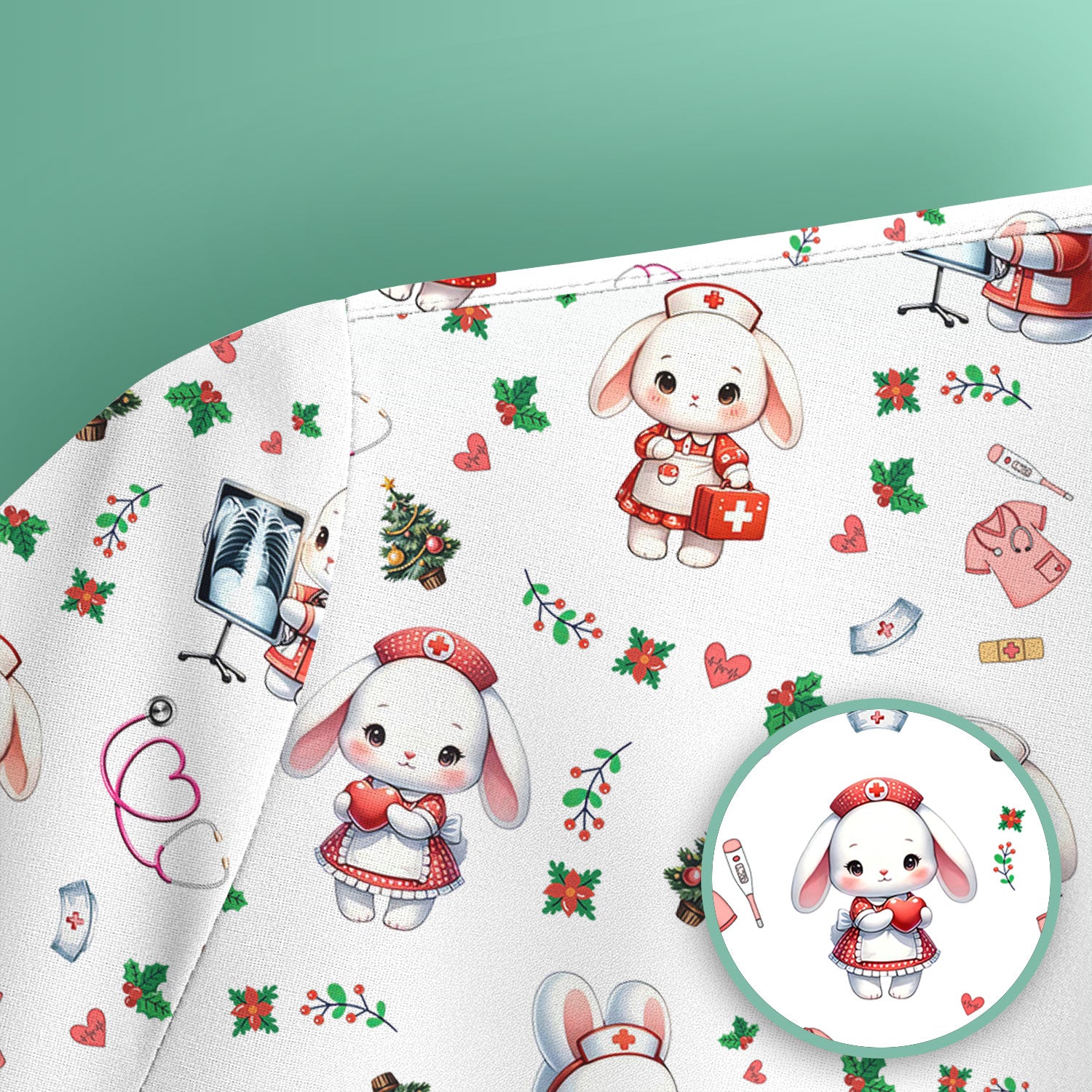 Comfortable Scrubs for Nurses - Funny Bunny Scrub Top - Rabbit Christmas Shirt - Xmas Med Uniform for Women
