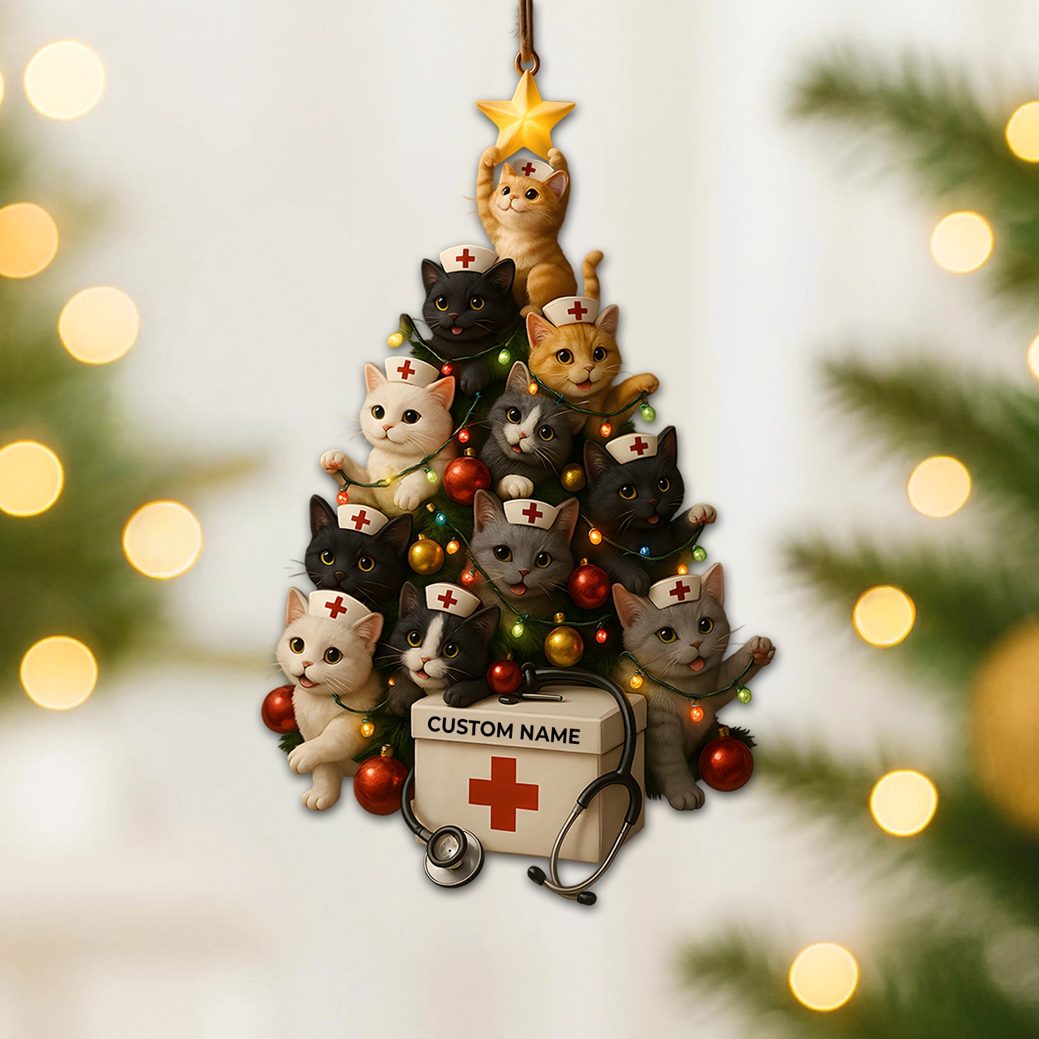 Custom Name Nurse Cat Ornament, Christmas Tree Medical Design, RN LPN CNA Healthcare Workers Gift