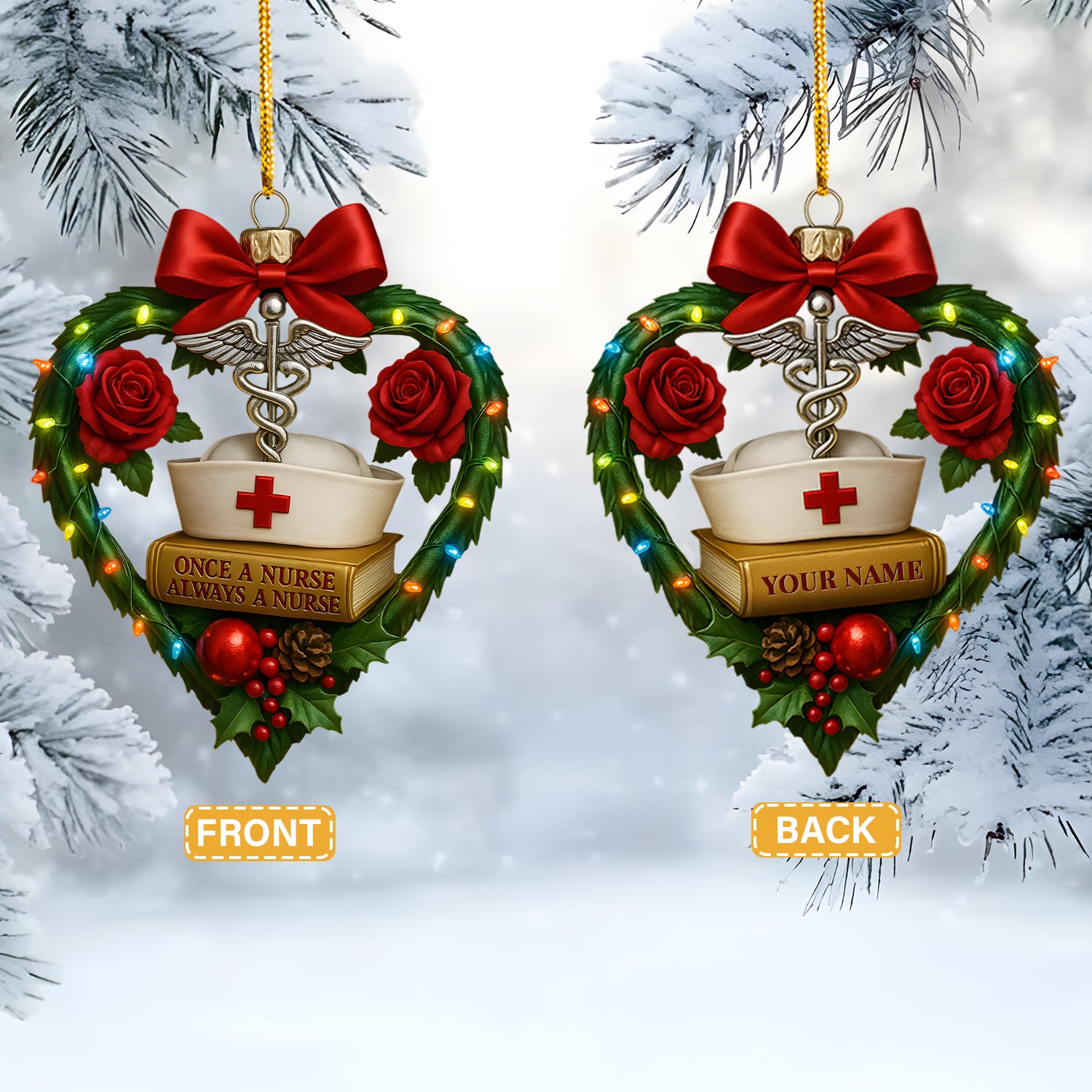 Custom Name Nurse Christmas Ornament with Heart and Roses, Inspirational Holiday Gift for Healthcare Workers