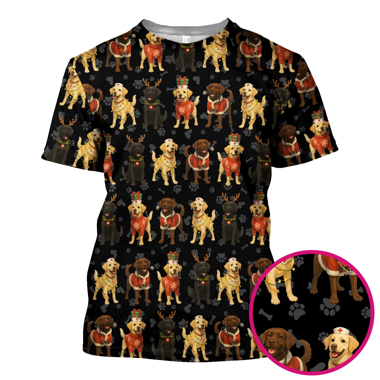 Christmas Scrubs with Labrador Dogs for Women - Cute Dog Scrubs Pattern Medical Top - Festive Holiday Labrador Scrubs for Nurses