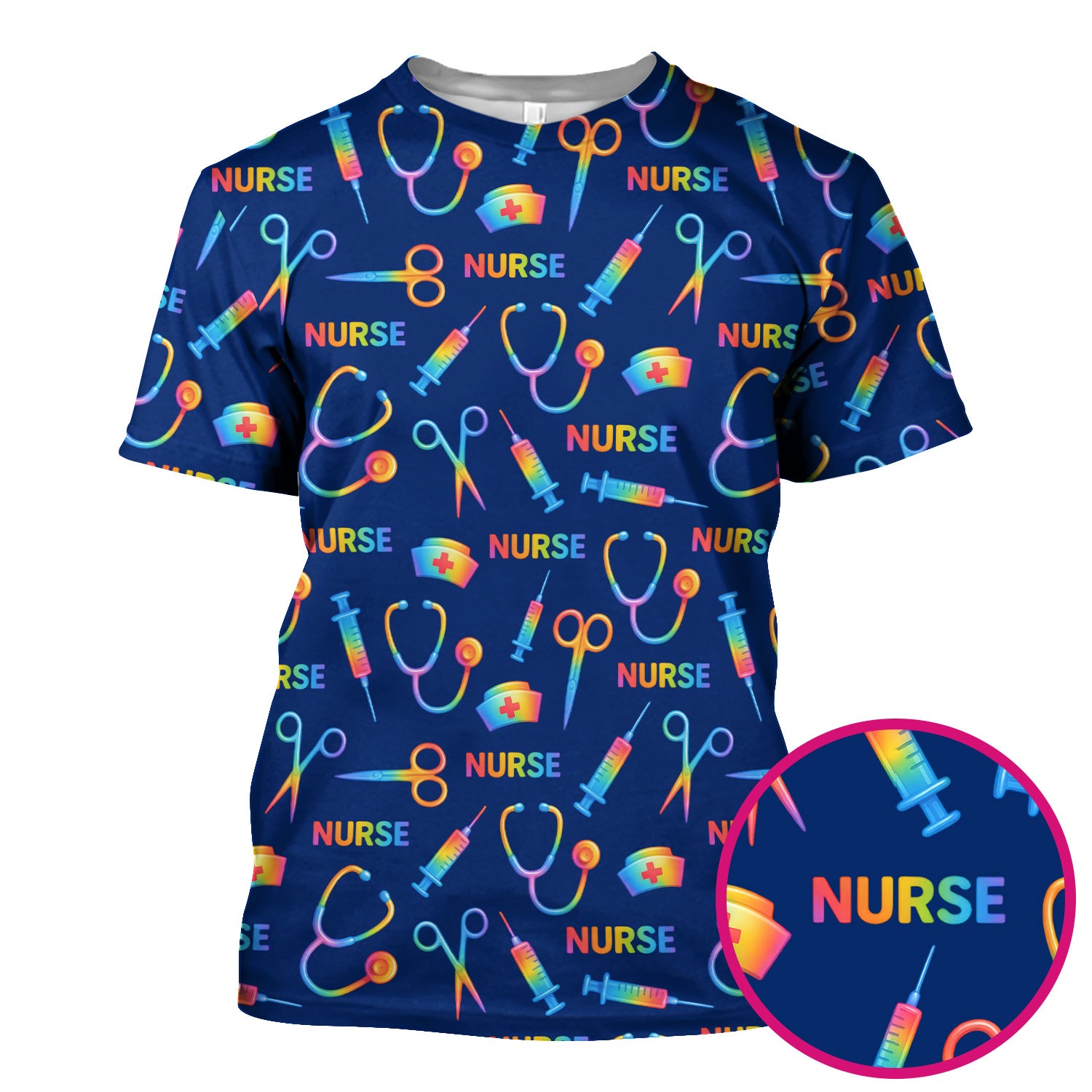 Colorful Nurse Scrub Top for Women - Rainbow Syringe and Scissors Pattern - Fun Medical Scrubs Shirt Gift for RN LPN CNA