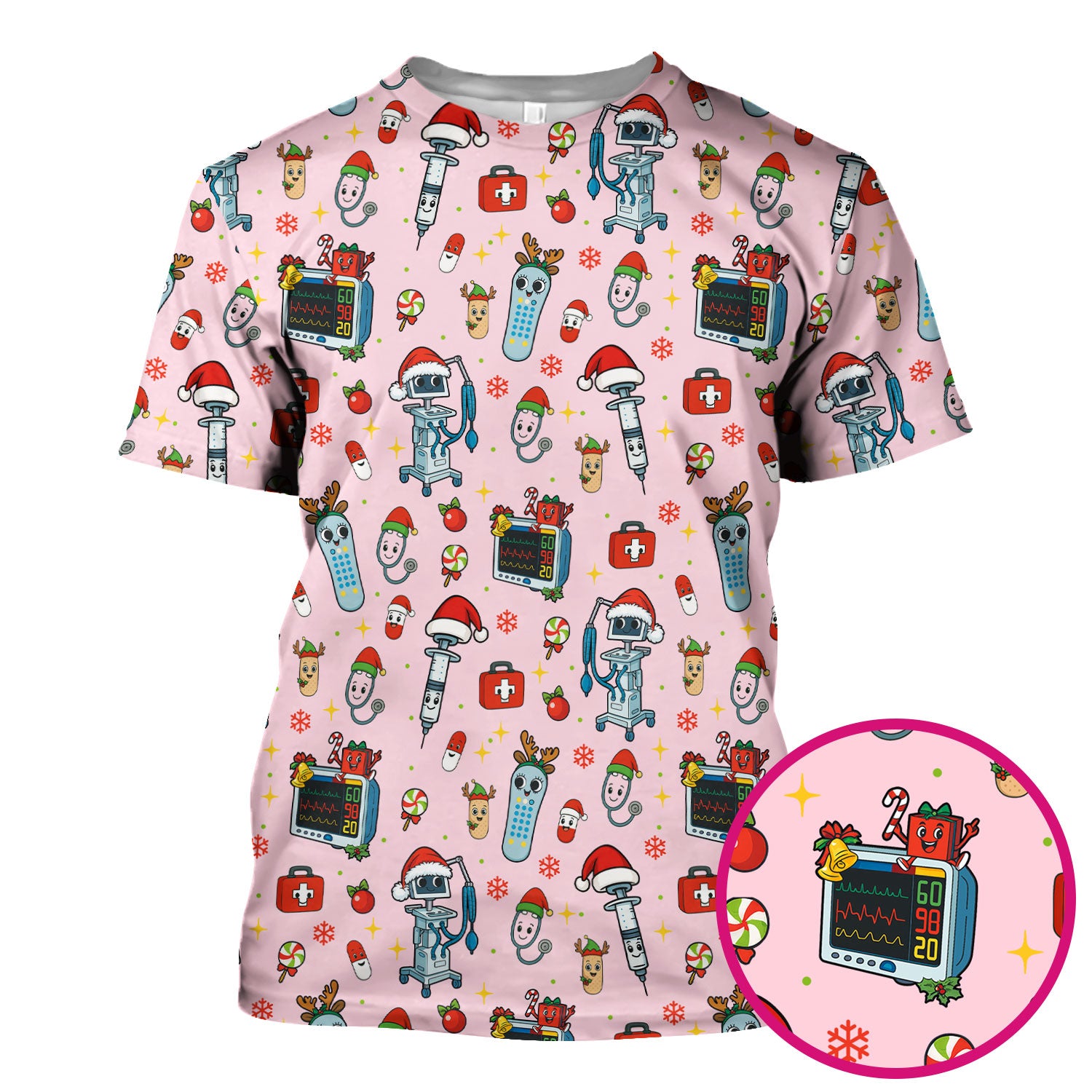 Christmas Scrub Top for Women - Funny Nurse Pattern with Robot & Reindeer - Festive Medical Shirt for Holiday Shifts