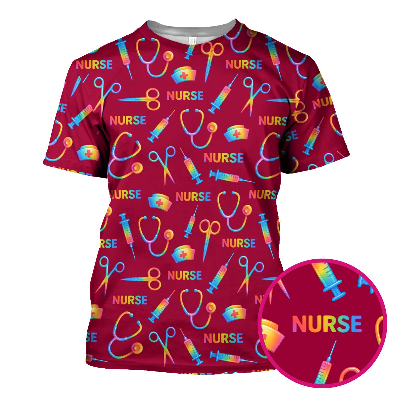 Colorful Nurse Scrub Top for Women - Rainbow Syringe and Scissors Pattern - Fun Medical Scrubs Shirt Gift for RN LPN CNA