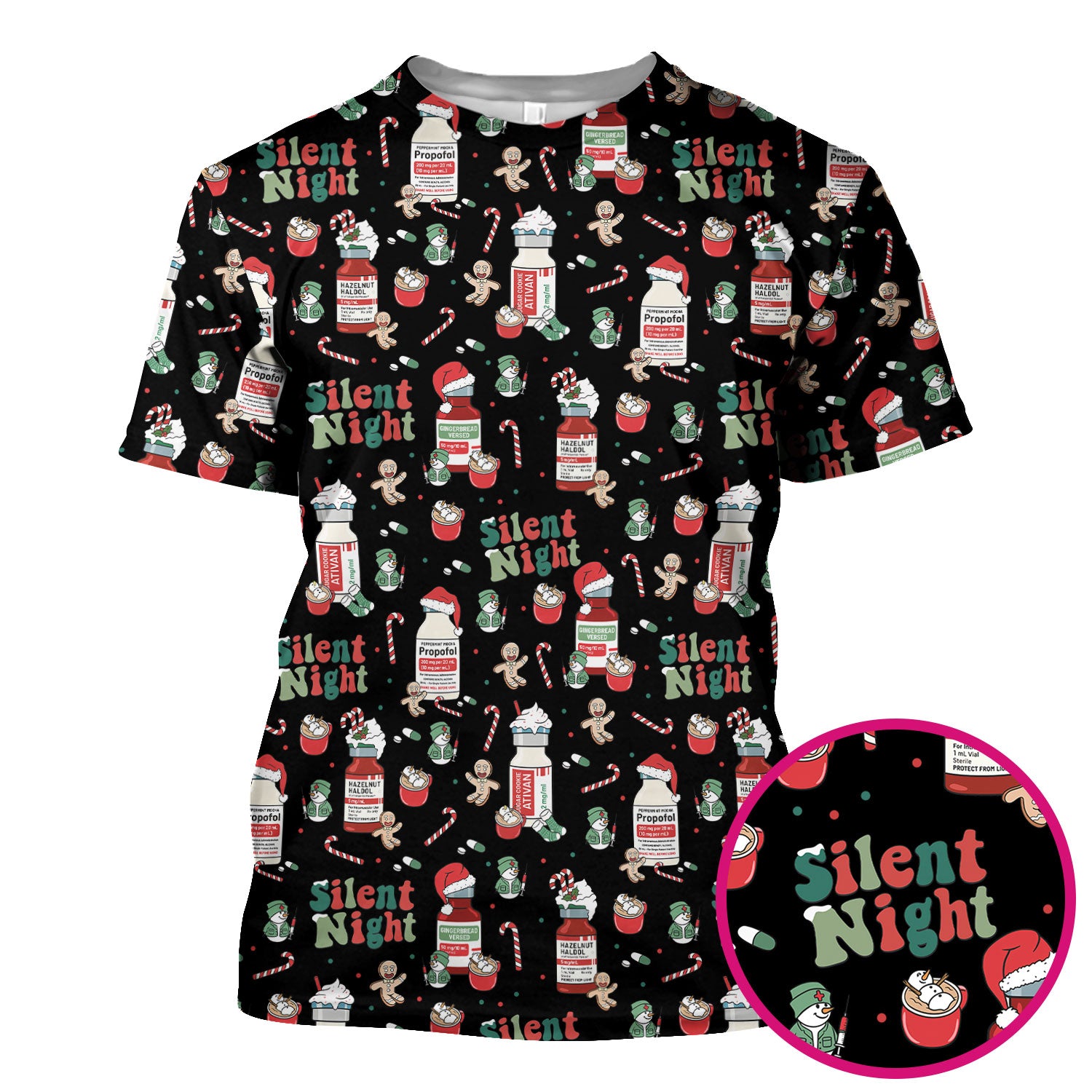 Christmas Scrub Tops for Women Nurses - Propofol Bottle and Festive Candy Pattern Medicine Scrub - Funny Holiday Medical Gift for RN LPN CNA