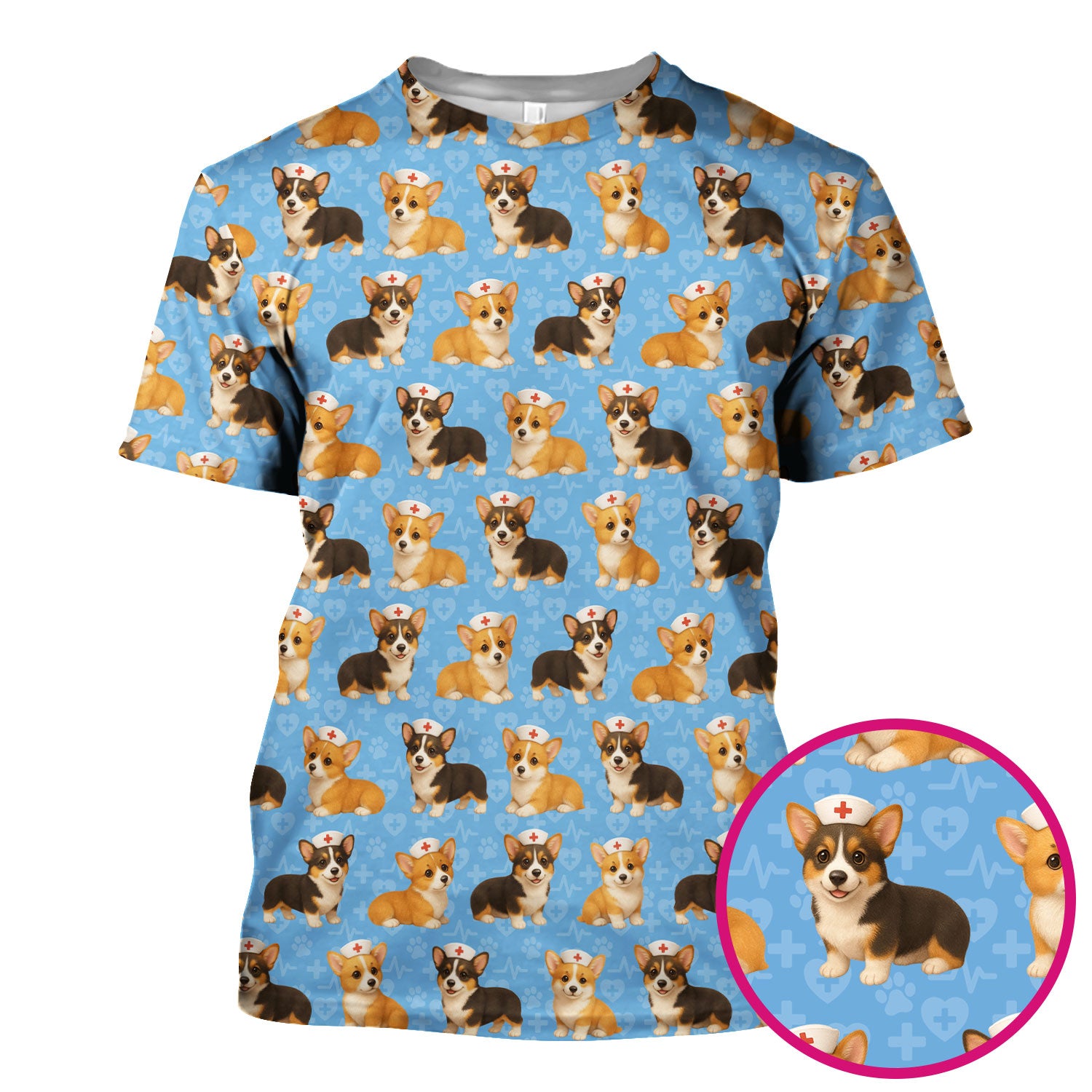 Corgi Dog Scrubs Top for Women - Cute Corgi Nurse Pattern Medical Scrubs Shirt - Fun Dog Scrubs for RN LPN CNA and Veterinary Nurses