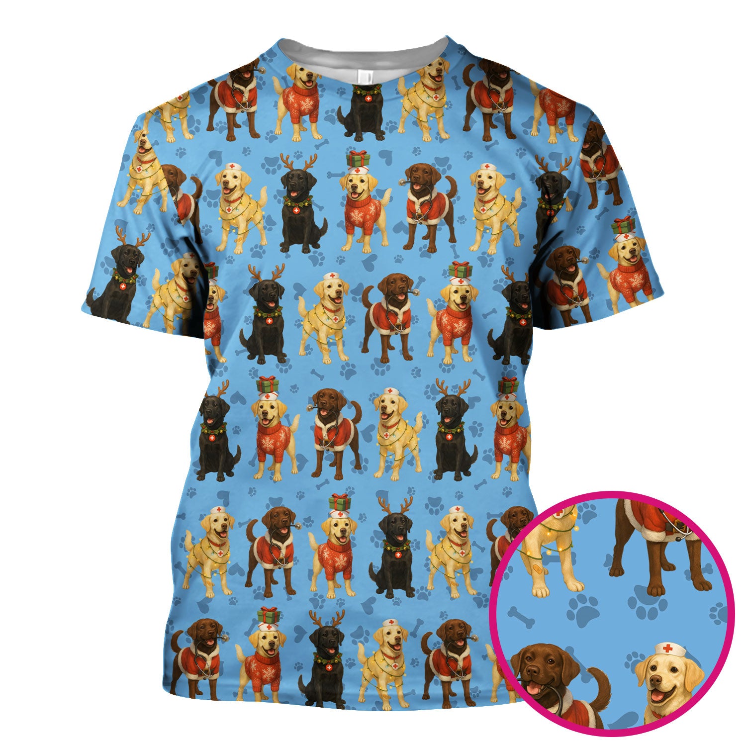 Christmas Scrubs with Labrador Dogs for Women - Cute Dog Scrubs Pattern Medical Top - Festive Holiday Labrador Scrubs for Nurses