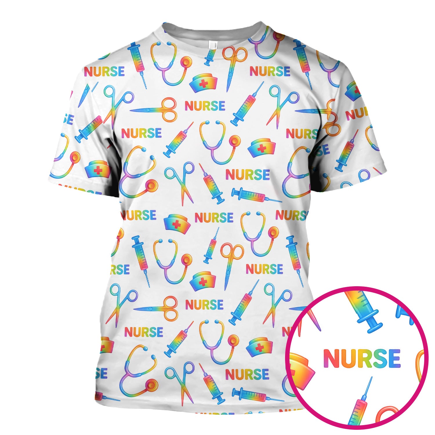 Colorful Nurse Scrub Top for Women - Rainbow Syringe and Scissors Pattern - Fun Medical Scrubs Shirt Gift for RN LPN CNA