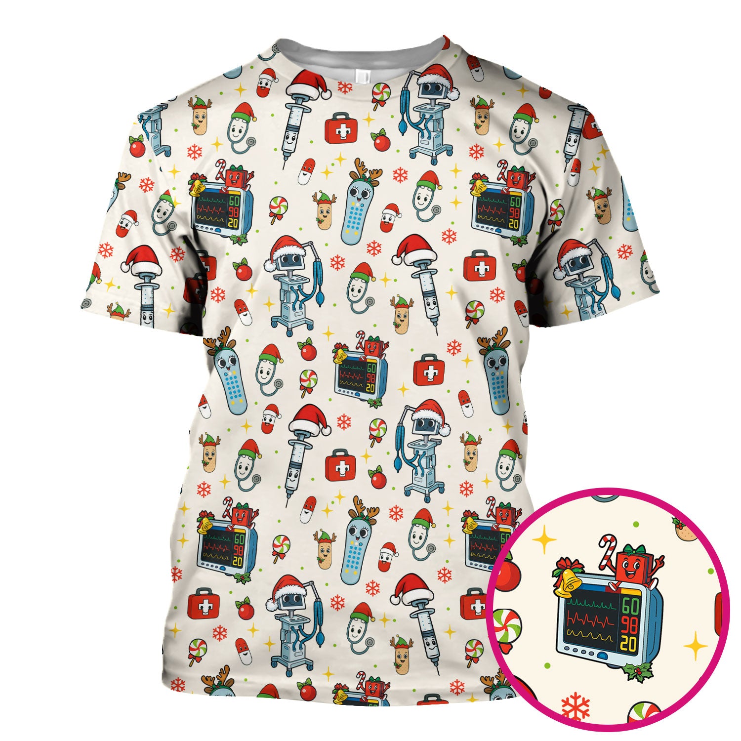 Christmas Scrub Top for Women - Funny Nurse Pattern with Robot & Reindeer - Festive Medical Shirt for Holiday Shifts