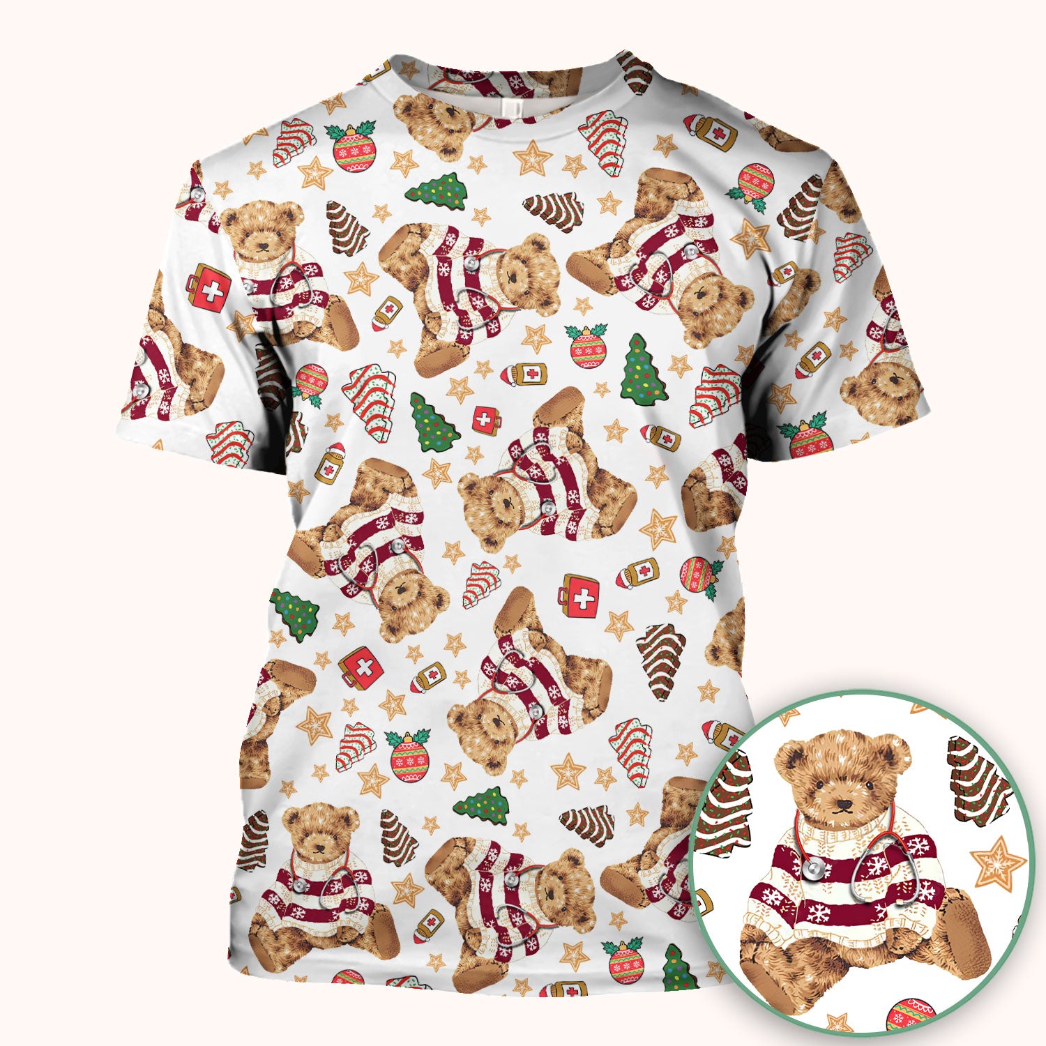 Christmas Teddy Bear Scrub Top for Nurses - Cozy Holiday Pattern with Cute Bear and Medical Icons - Festive Scrubs for Women