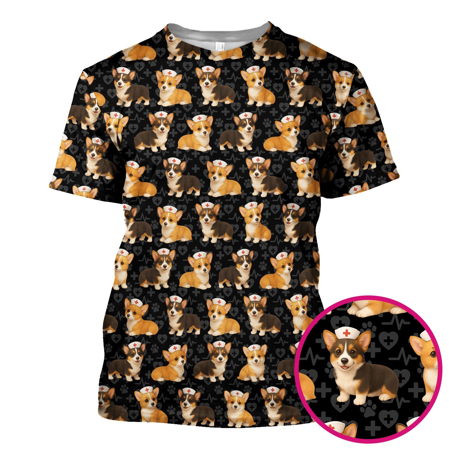 Corgi Dog Scrubs Top for Women - Cute Corgi Nurse Pattern Medical Scrubs Shirt - Fun Dog Scrubs for RN LPN CNA and Veterinary Nurses