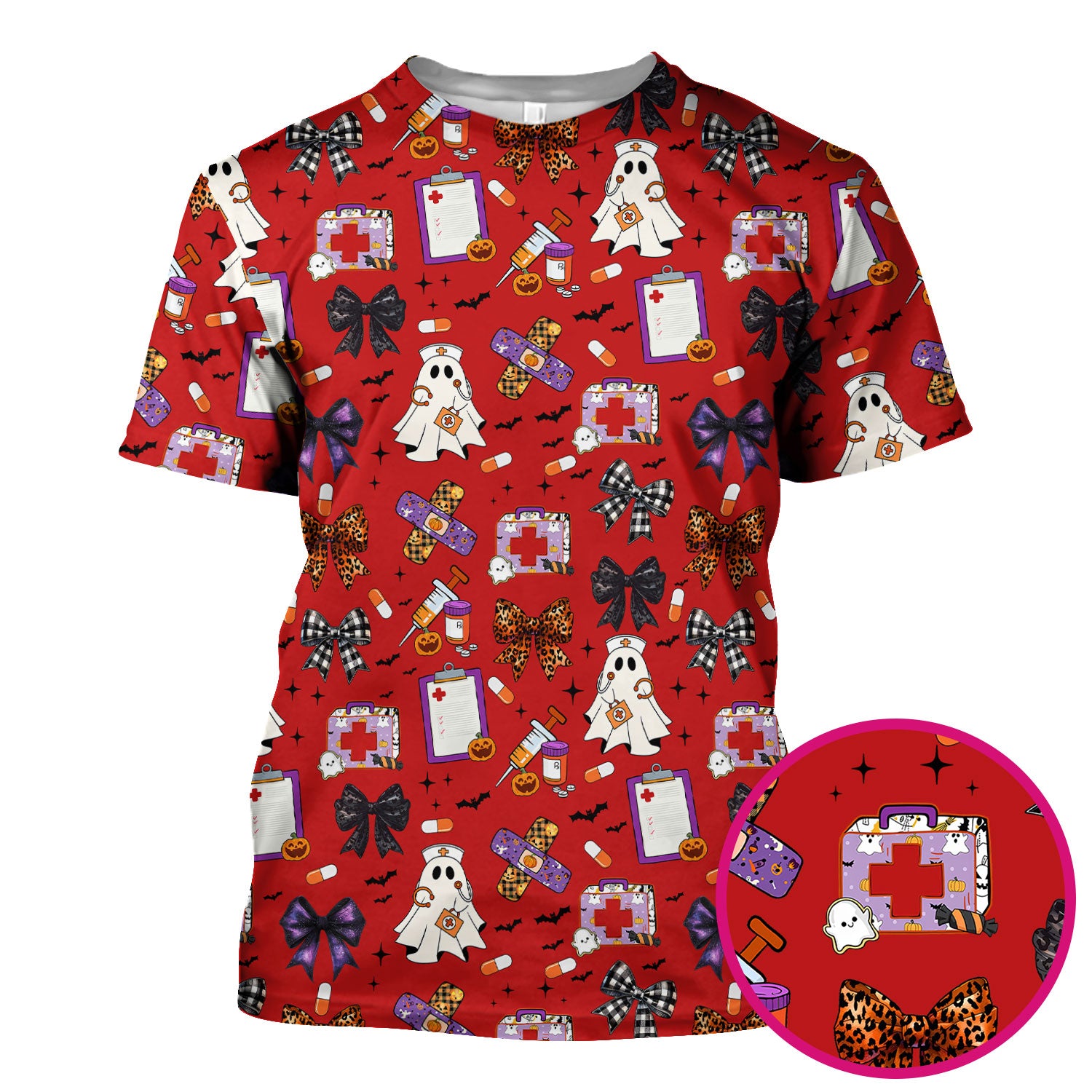 Spooky Cute Nurse Scrubs Top - Ghost, Pumpkin & Bow Print - Fun Halloween Medical Shirt for Women Nurses