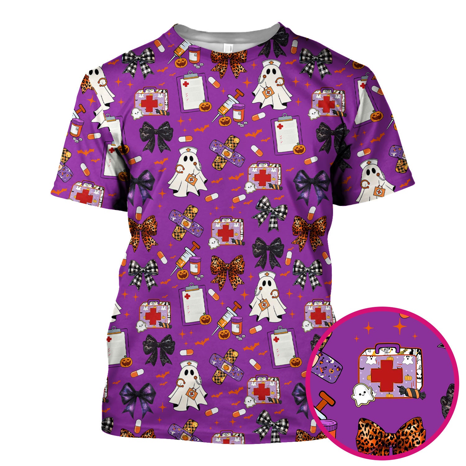Spooky Cute Nurse Scrubs Top - Ghost, Pumpkin & Bow Print - Fun Halloween Medical Shirt for Women Nurses