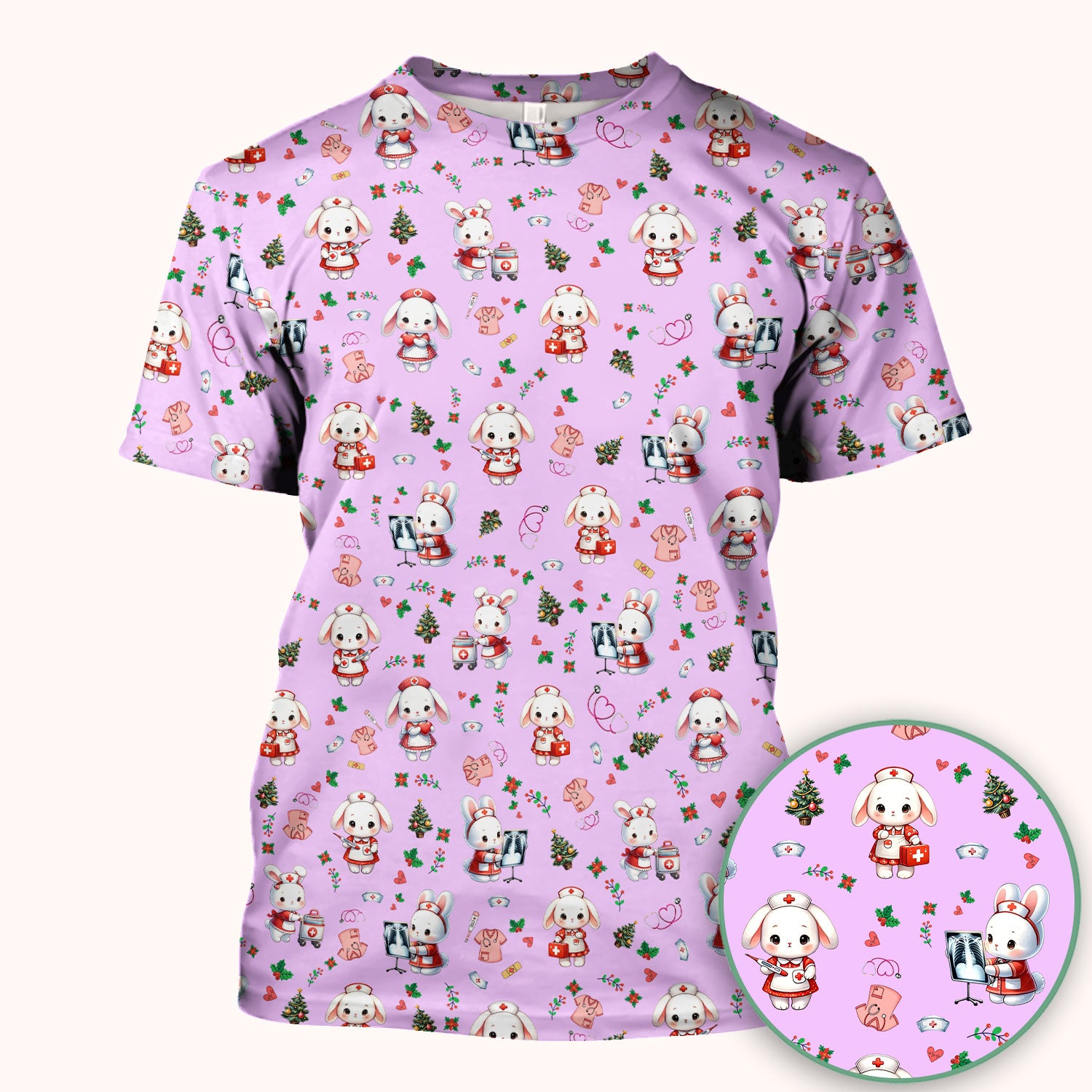 Comfortable Scrubs for Nurses - Funny Bunny Scrub Top - Rabbit Christmas Shirt - Xmas Med Uniform for Women