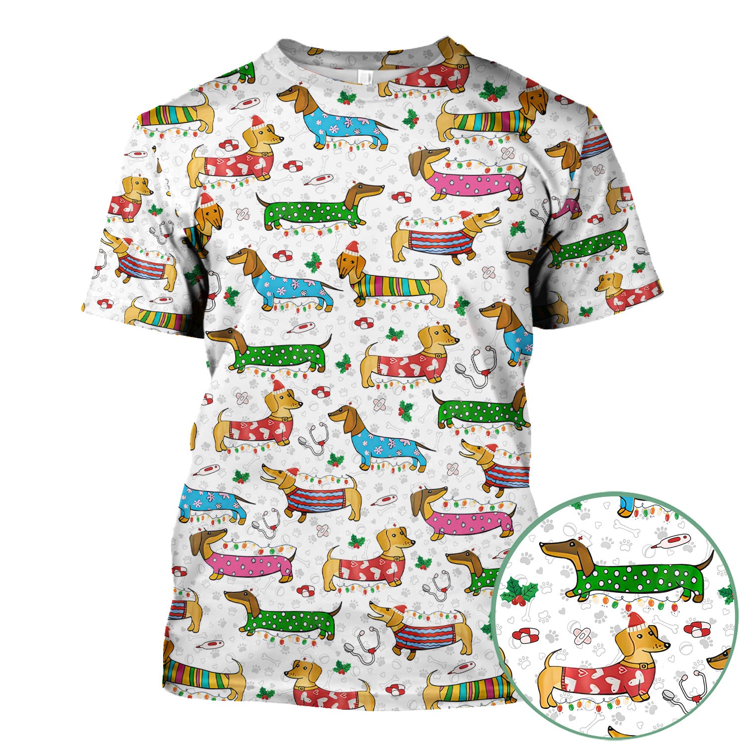Christmas Scrub Top for Women - Funny Dachshund Nurse Shirt - Cute Holiday Medical Uniform Gift for RN LPN CNA