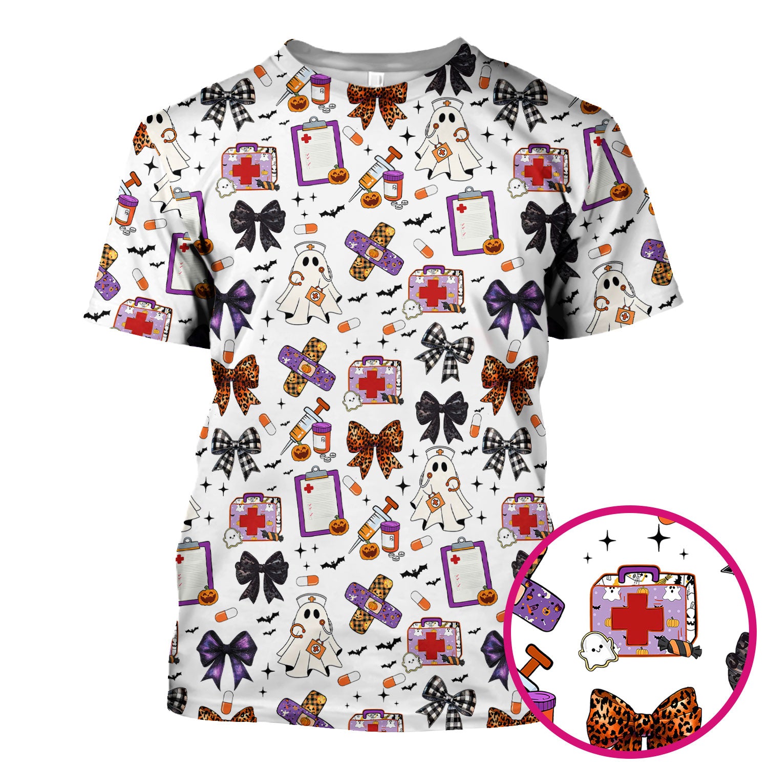 Spooky Cute Nurse Scrubs Top - Ghost, Pumpkin & Bow Print - Fun Halloween Medical Shirt for Women Nurses