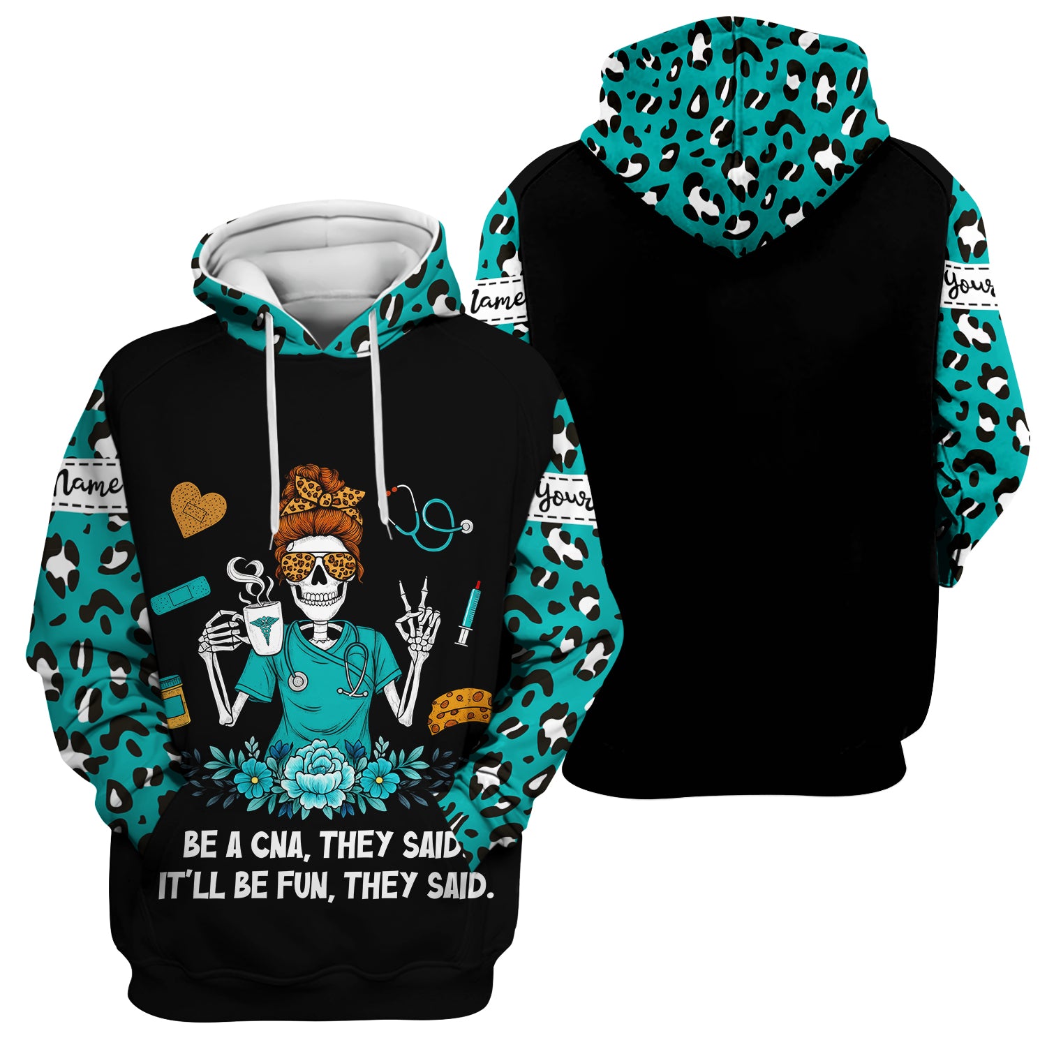 Personalized CNA Skeleton Shirt - Messy Bun Hair & Leopard Print Graphic Tee - Gift for Women CNA & Healthcare Workers