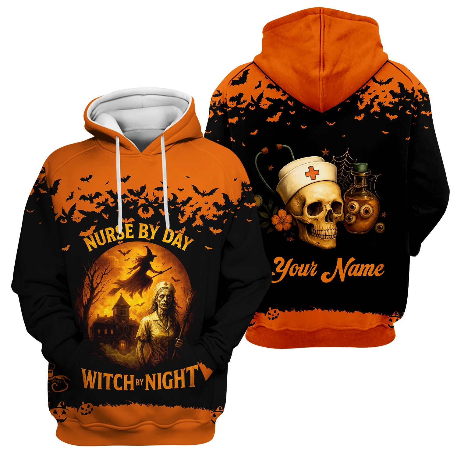 Funny Halloween Nurse Shirt - Nurse By Day Witch By Night Spooky Design - Custom Name Gift For RN LPN CNA Healthcare Workers