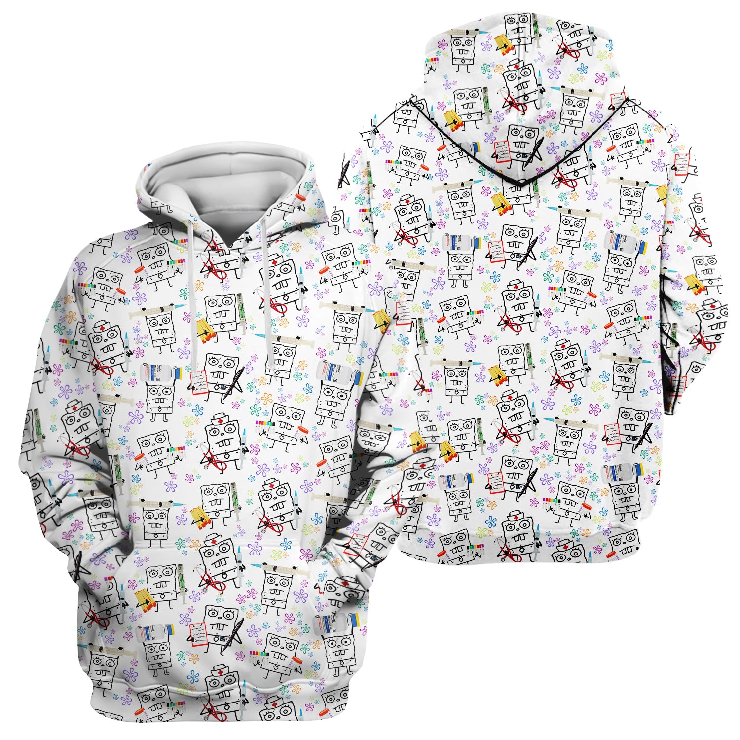 Custom Doodle Bob Energy Drink Nurse Scrub Top - Funny Cartoon Medical Design - Gift for RN MD RT CNA Paramedic Healthcare Staff