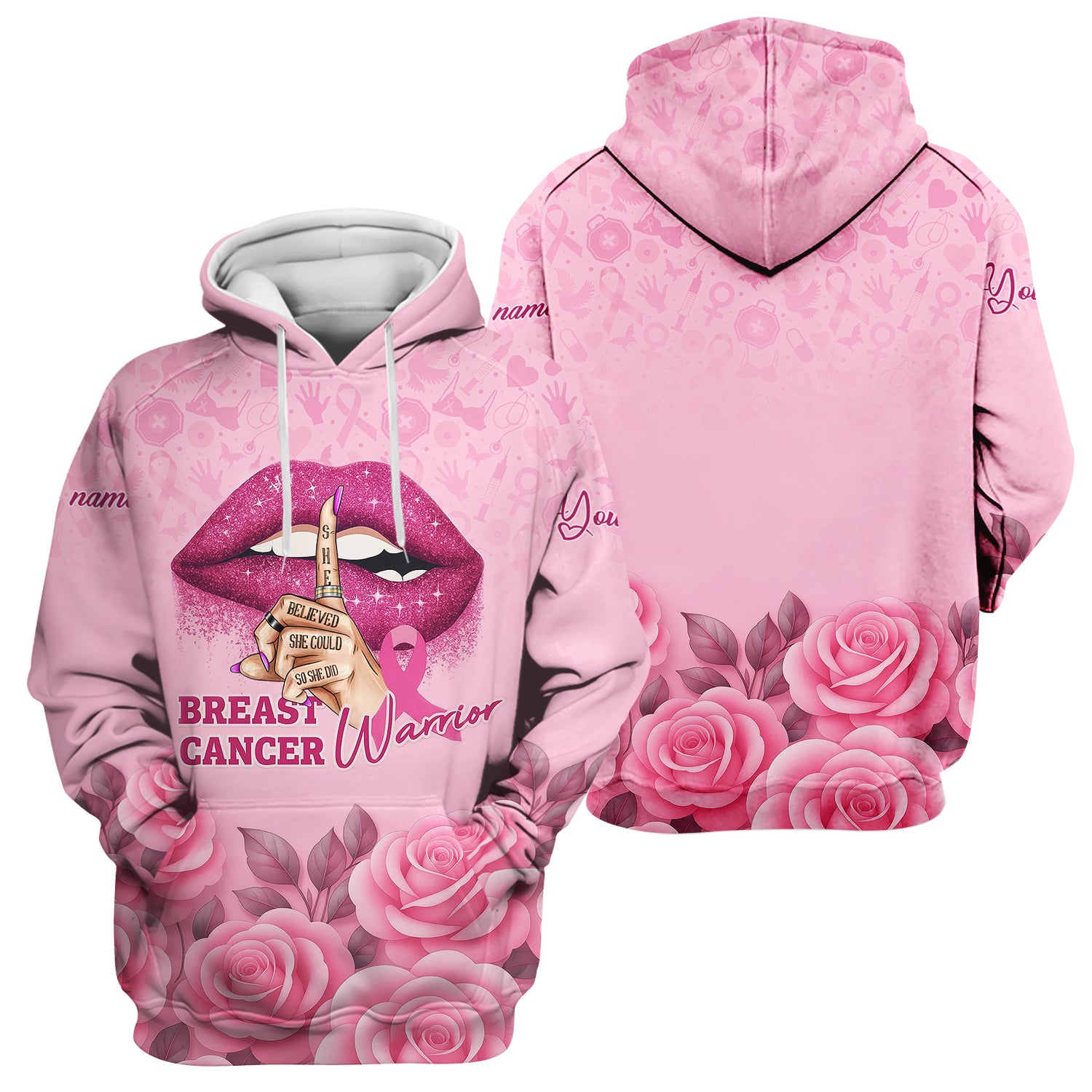 Custom Breast Cancer Awareness Floral Scrub - Pink Ribbon & Rose Pattern Graphic - Gift for RN LPN CNA