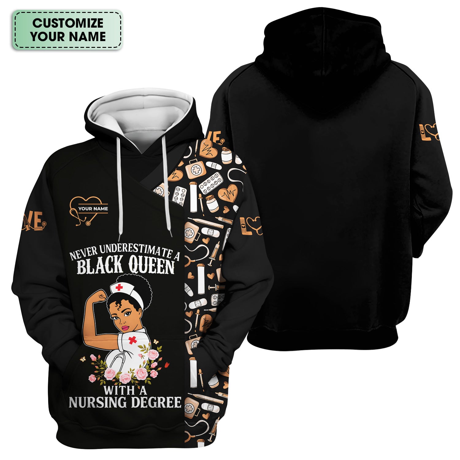 Personalized Nurse Scrub Top for Women - Black Queen With A Nursing Degree - RN LPN CNA Healthcare Workers Gift