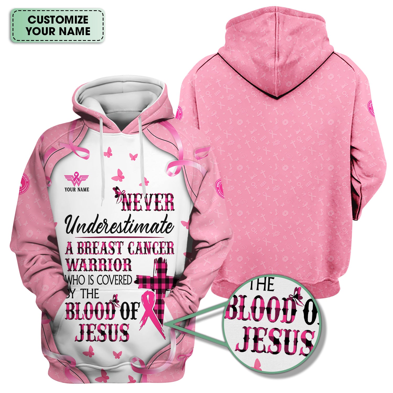 Custom Christian Breast Cancer Awareness Shirt - Blood Of Jesus Quote Graphic Tee - Gift for RN LPN CNA