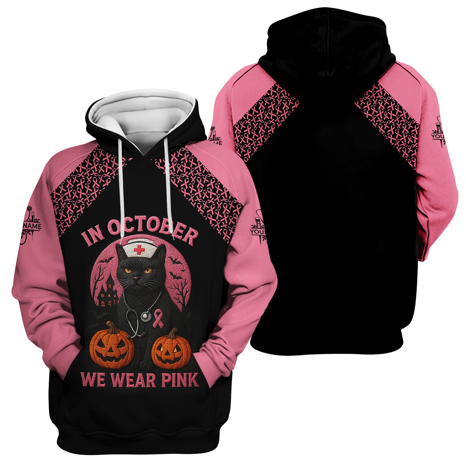 Custom Breast Cancer Awareness Nurse Shirt - In October We Wear Pink Halloween Cat Tee - CNA RN LPN Nursing Apparel Gift