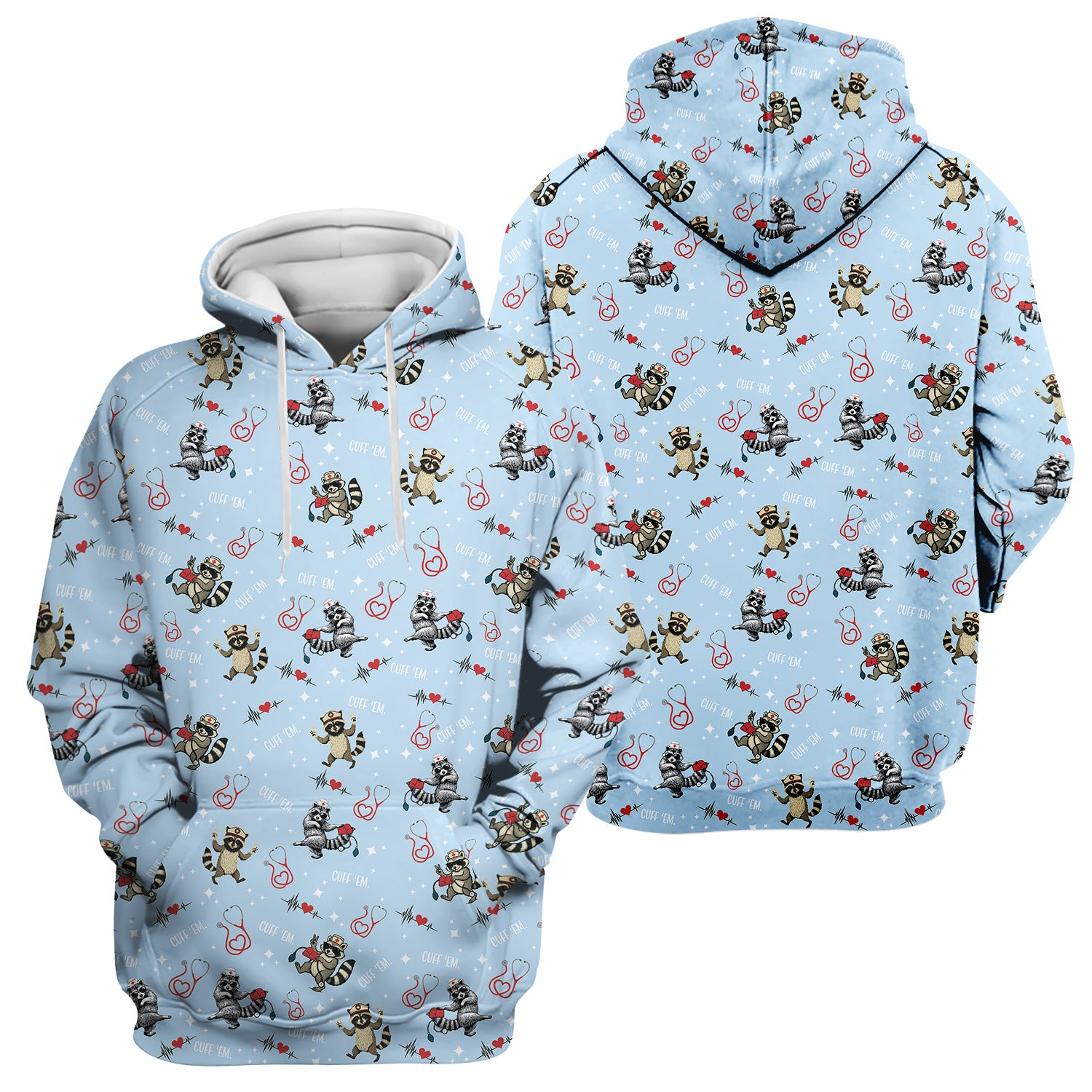 Cuff ‰Û÷Em Raccoon Nurse Shirt - Funny Medical Scrub T-Shirt for CNA EMT LPN - Cute All Over Print Gift for Healthcare Workers