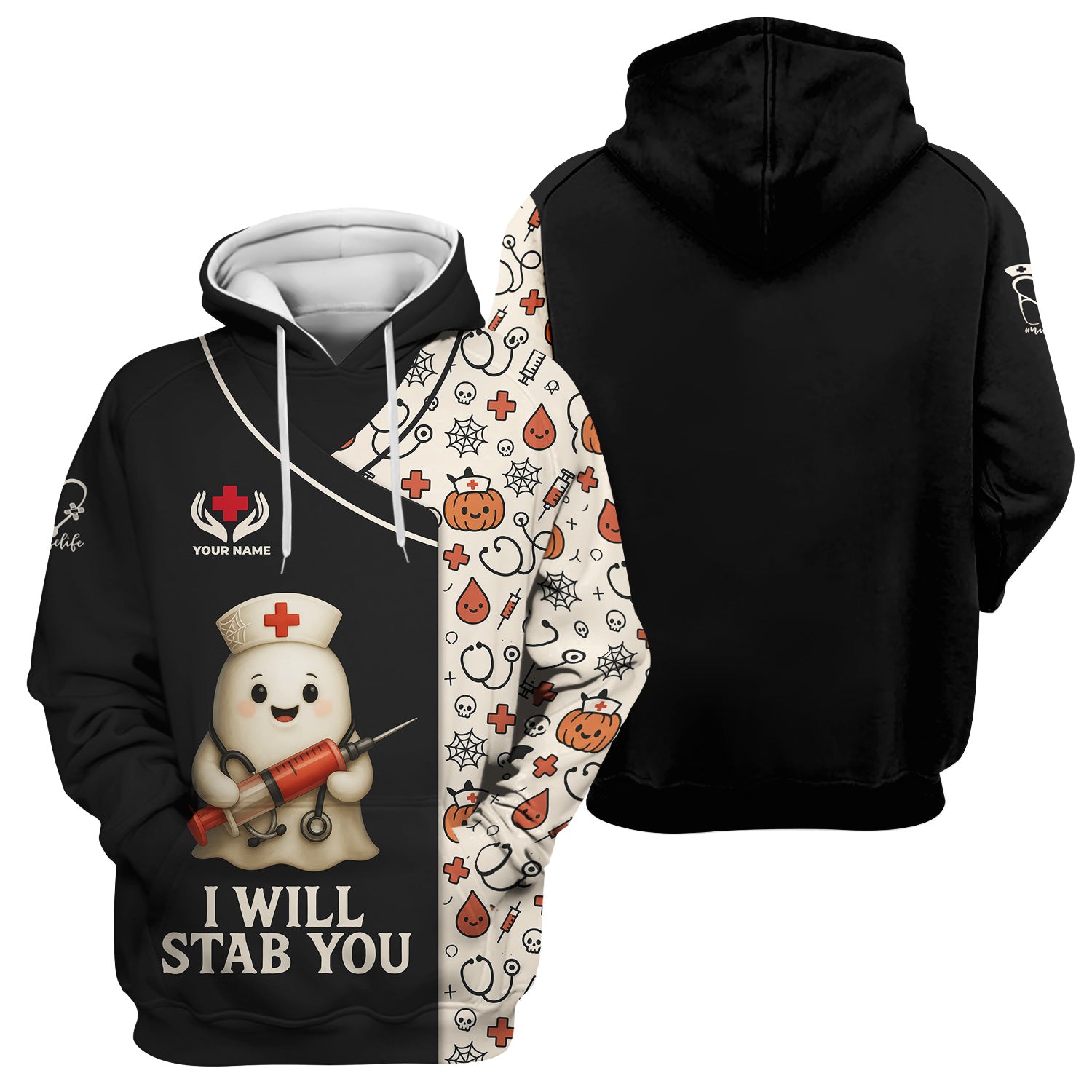 Personalized Funny Halloween Nurse Scrub Top - I Will Stab You Ghost with Syringe for Women RN LPN CNA - Gift for Healthcare Worker