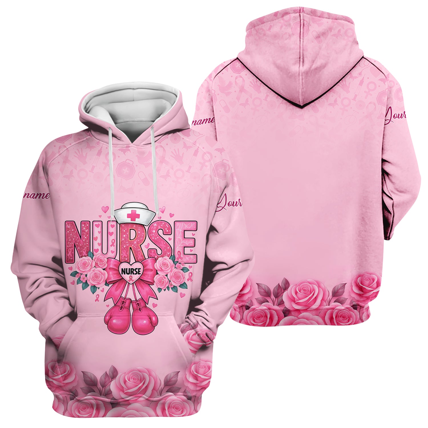 Personalized Breast Cancer Fighter Shirt - Pink Boxing Gloves & Rose Floral Design - Gift for RN LPN CNA