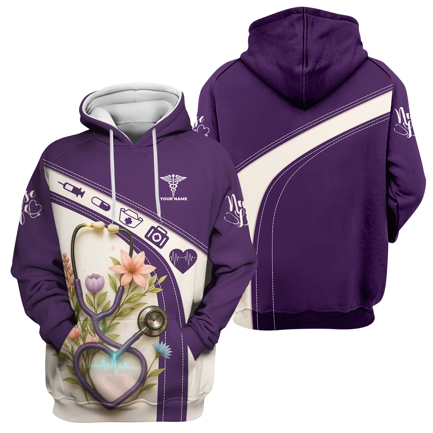 Custom Floral Scrub Top for Nurses - Heartbeat Stethoscope Purple Shirt - Personalized Medical Uniform Gift for RN CNA LPN