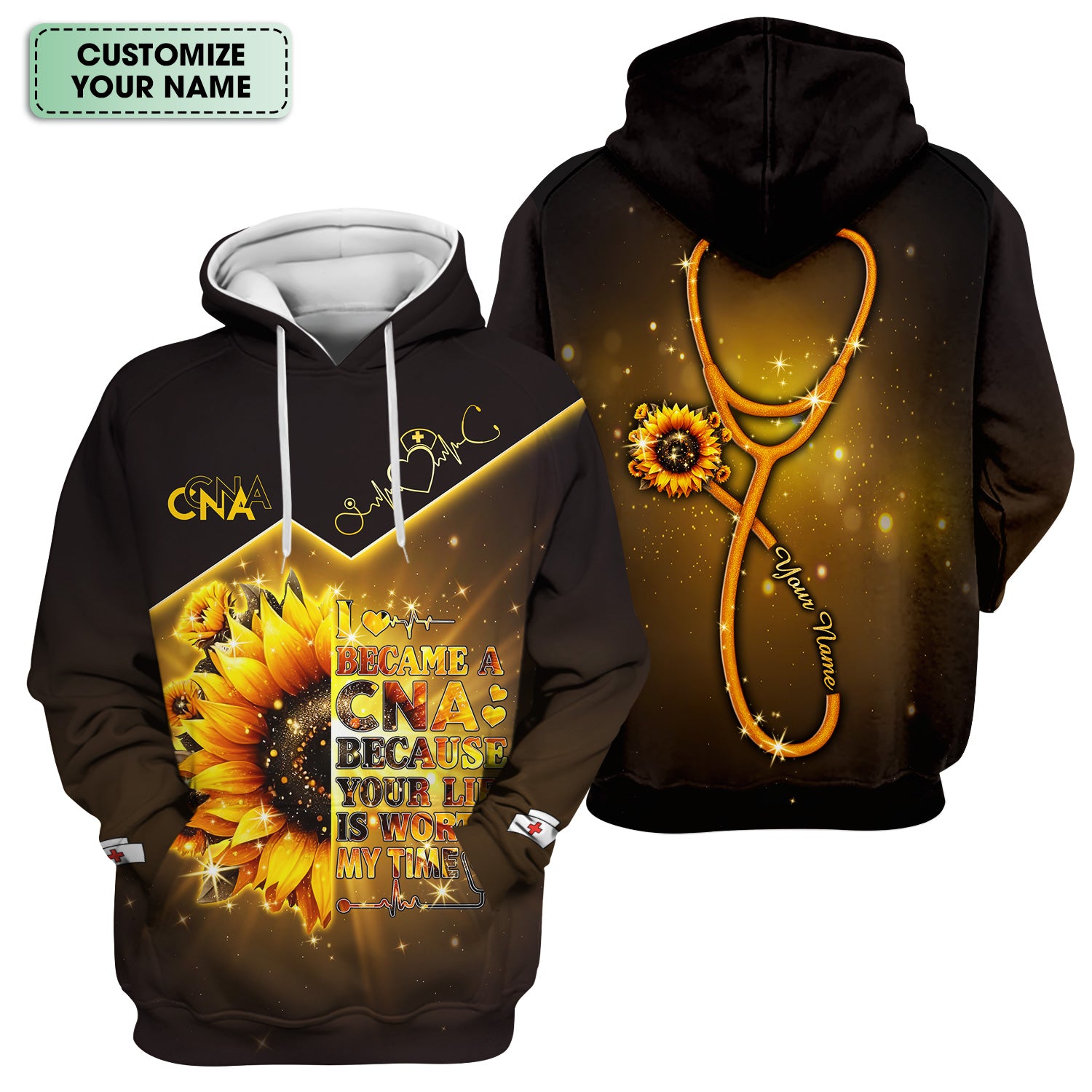 Custom Inspirational CNA T-Shirt - Golden Sunflower & Stethoscope Graphic Tee - Gift for RN LPN Healthcare Workers