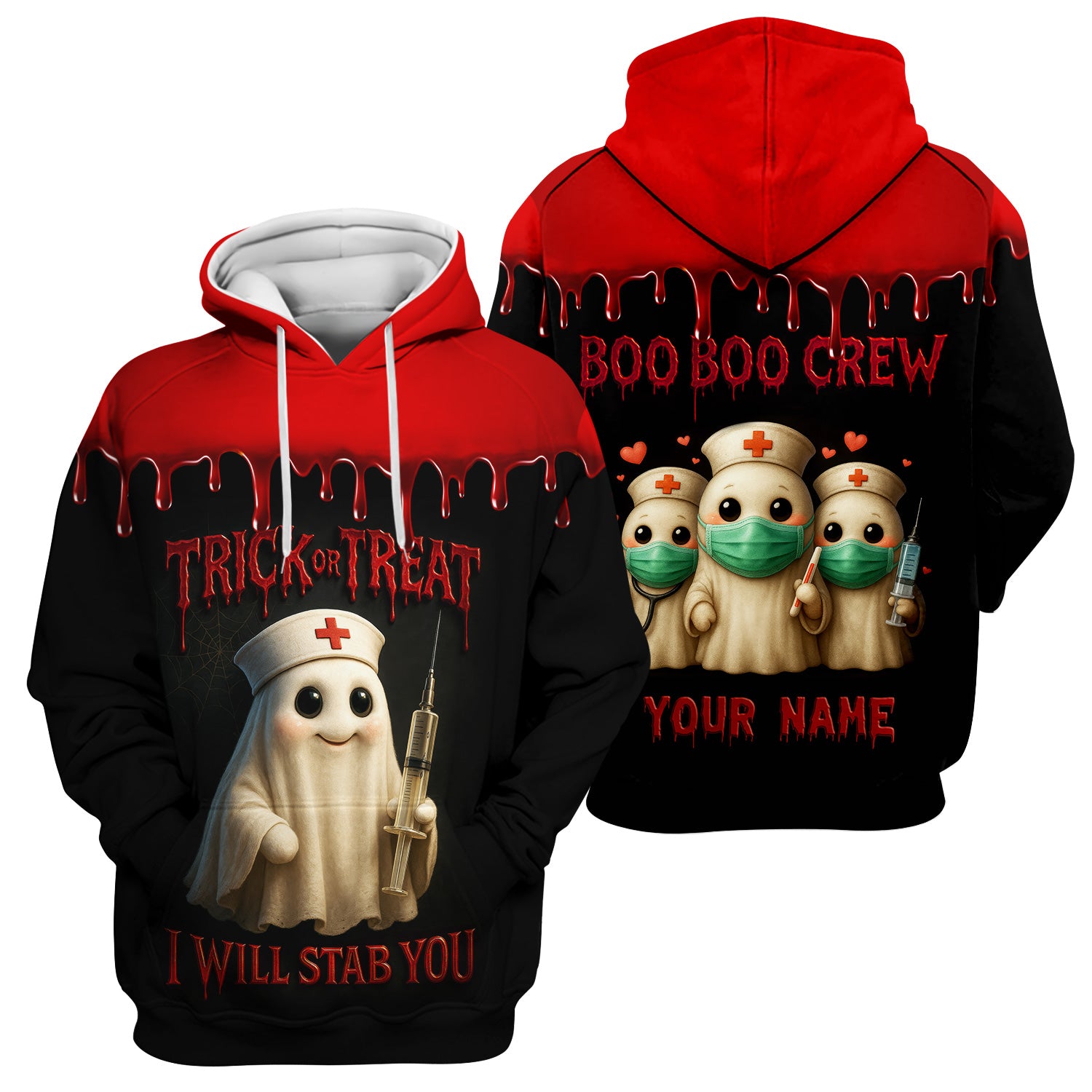 Funny Halloween Nurse T-shirt - Trick or Treat Boo Boo Crew with Syringe Design - Customizable Gift for Healthcare Workers, RN, LPN