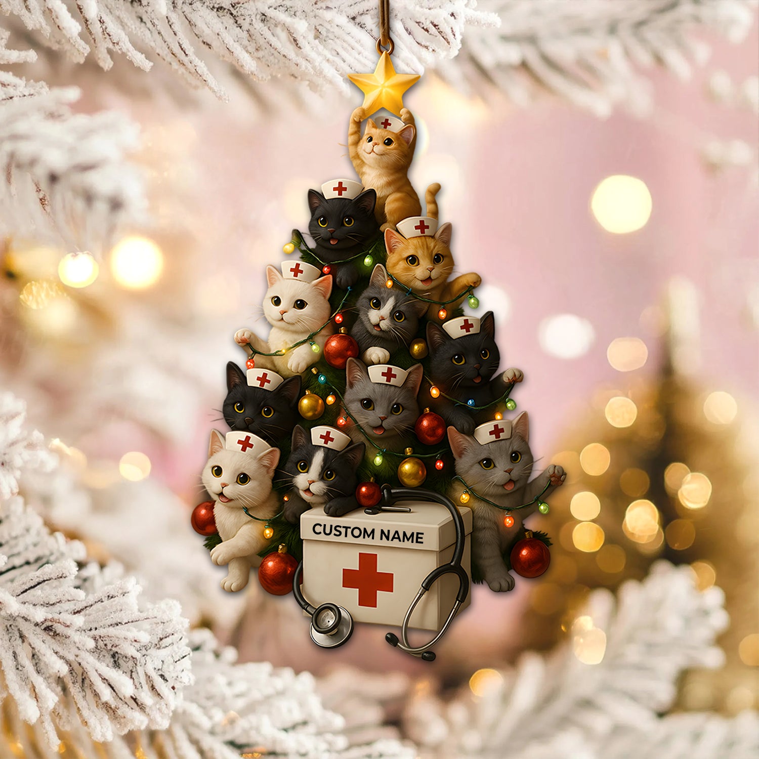 Custom Name Nurse Cat Ornament, Christmas Tree Medical Design, RN LPN CNA Healthcare Workers Gift