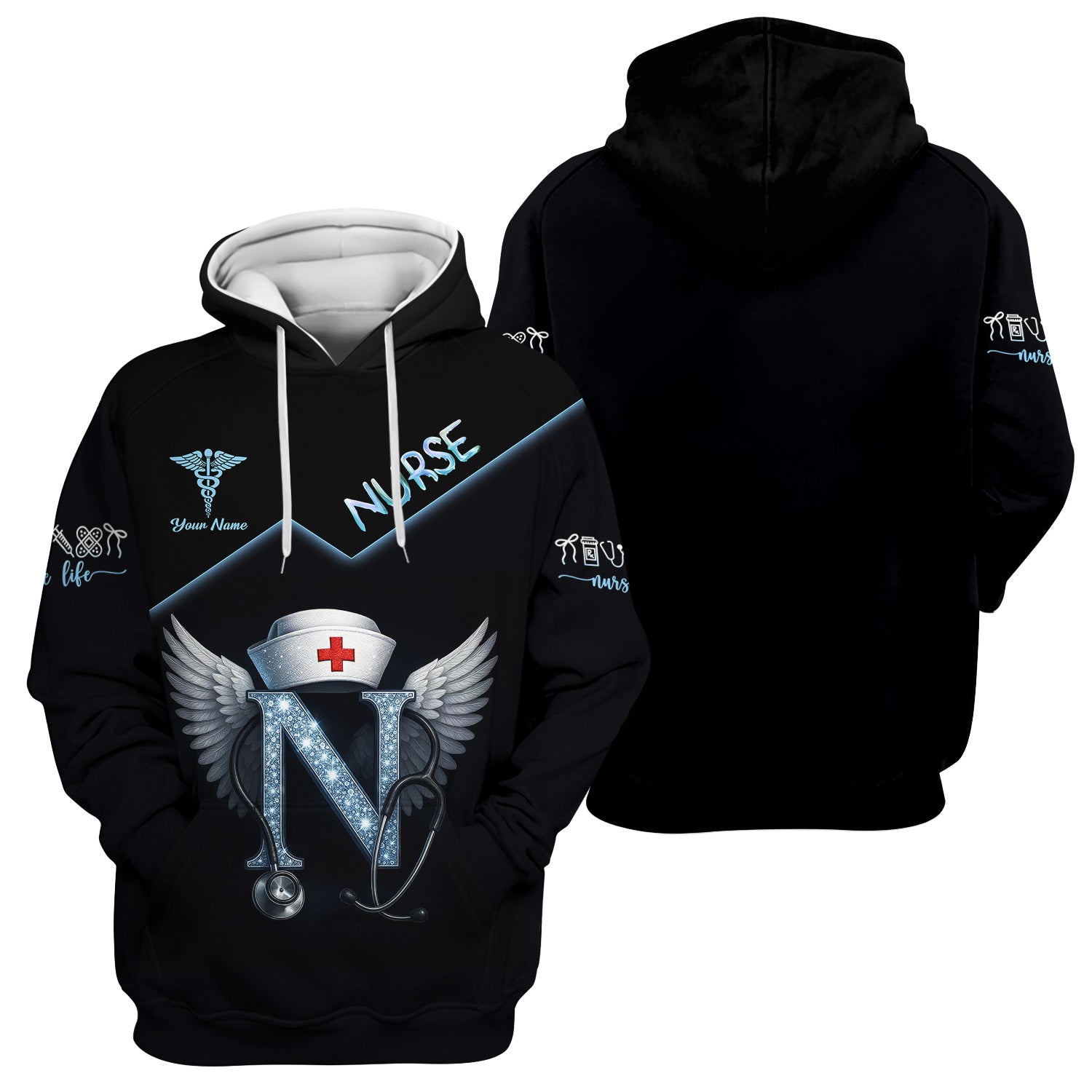 Funny Nurse T-shirt with Glowing 'N' Design - Customizable with Stethoscope & Wings Design - Perfect for RN, CNA, LPN, Healthcare Professionals