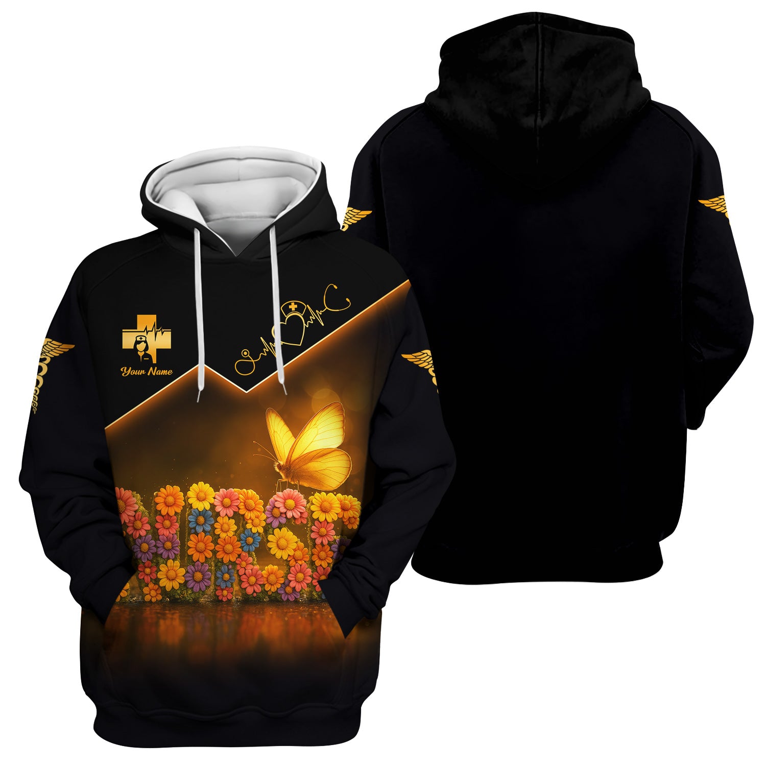 Custom Name Nurse Scrub Top for Women - Floral Butterfly Design with Golden Accents - Medical Uniform Gift for RN LPN CNA